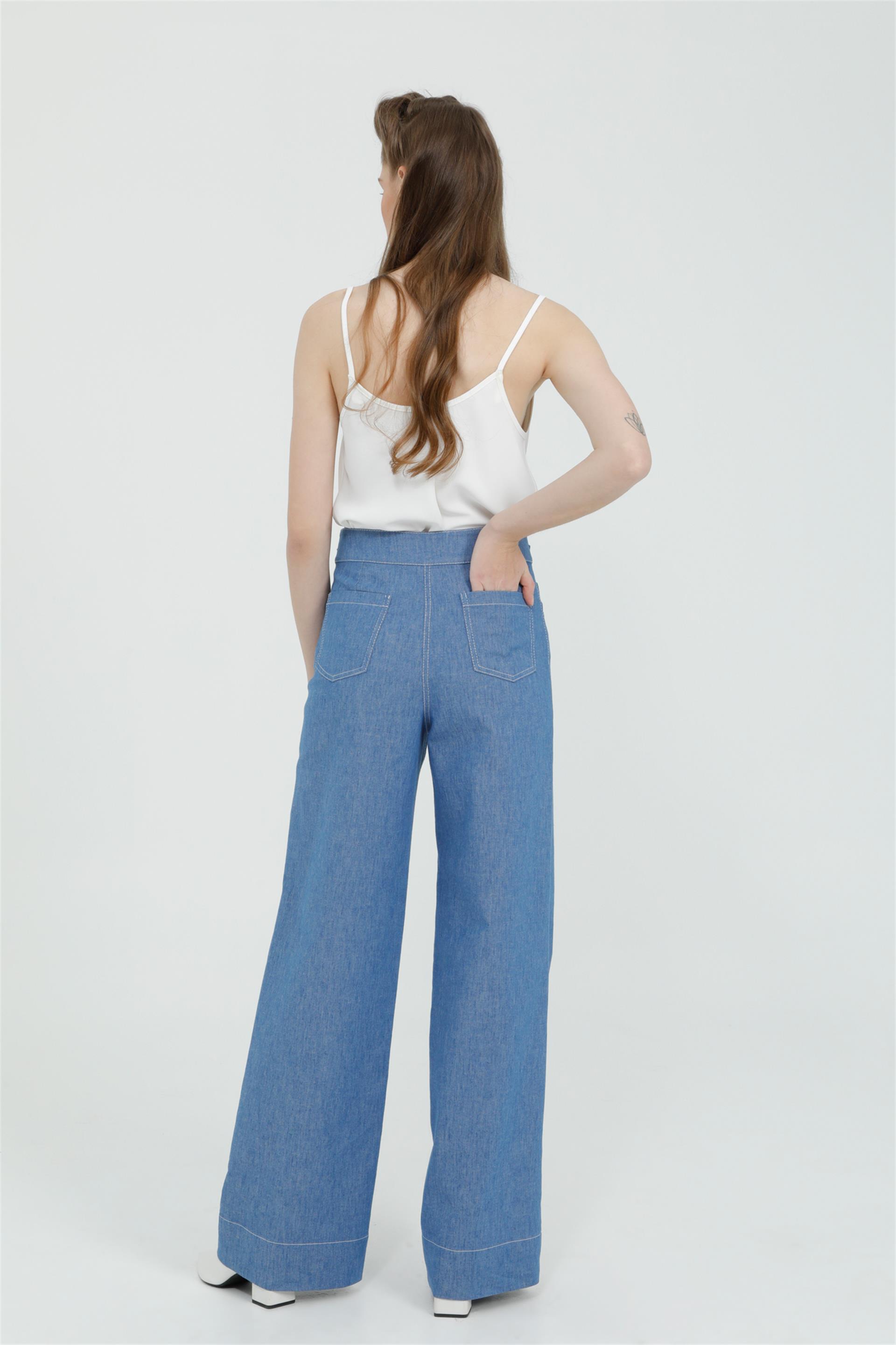 Köprülü Toka Detaylı Mavi Palazzo Pantolon