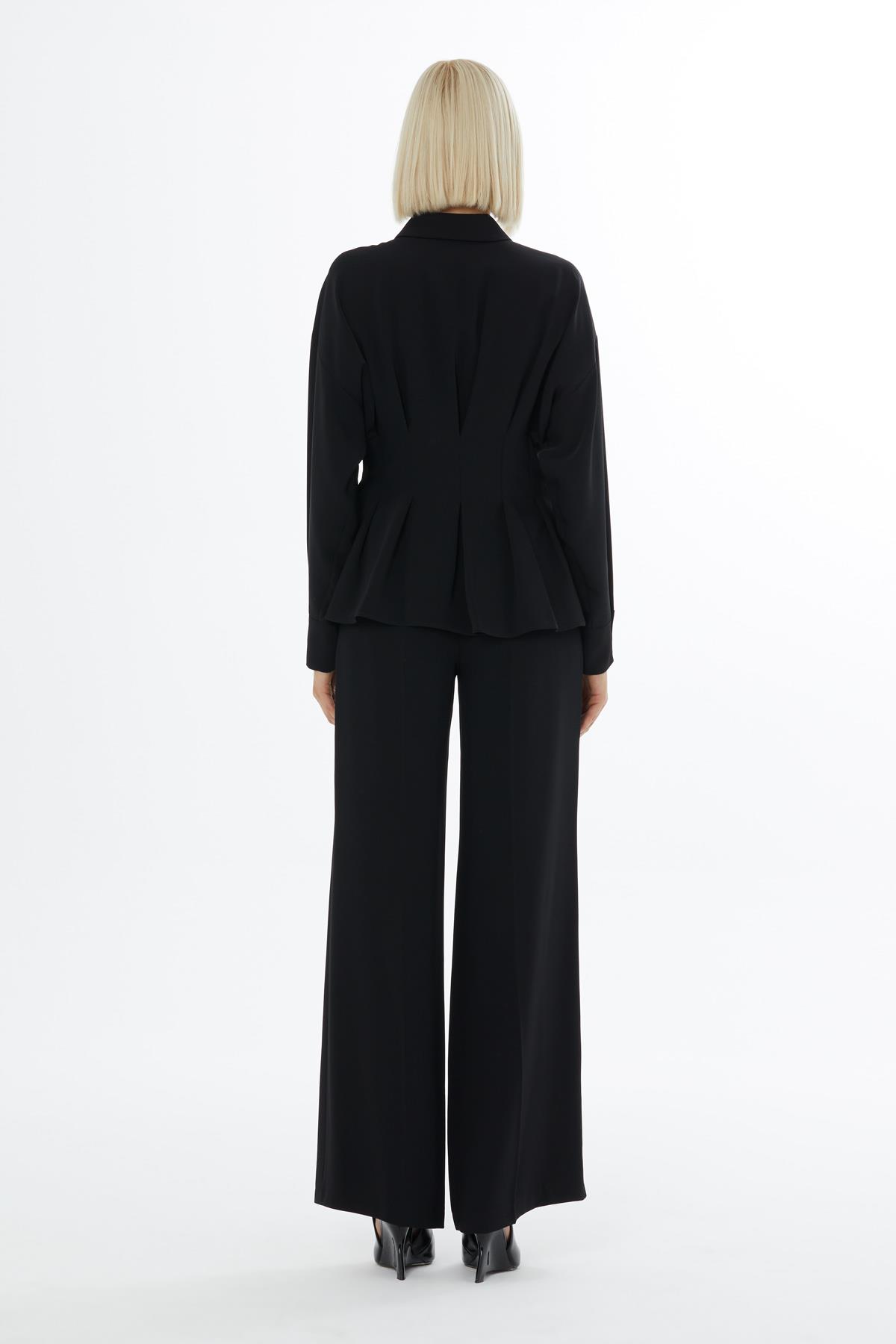 Korse Görünümlü Pile Detaylı Gömlek Ve Palazzo Pantolonlu Lila Takım