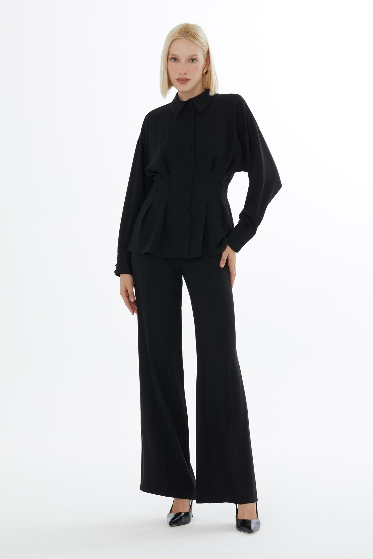 Korse Görünümlü Pile Detaylı Gömlek Ve Palazzo Pantolonlu Lila Takım