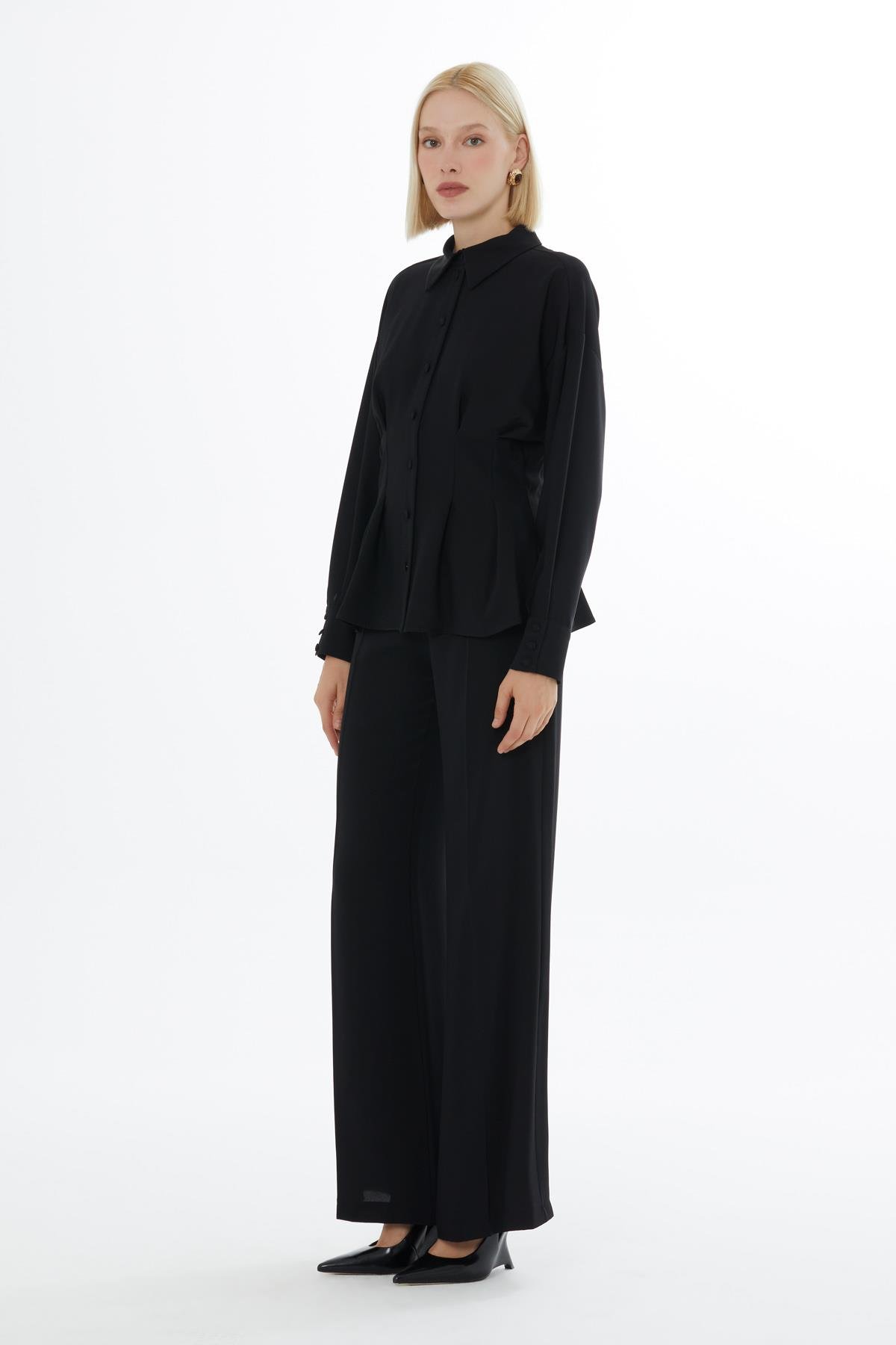 Korse Görünümlü Pile Detaylı Gömlek Ve Palazzo Pantolonlu Lila Takım