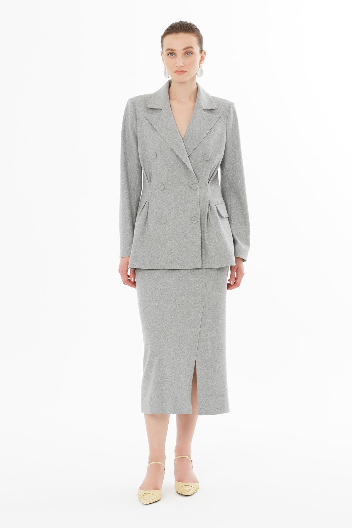 Kruvaze Düğmeli Klasik Gri Yünlü Blazer Ceket