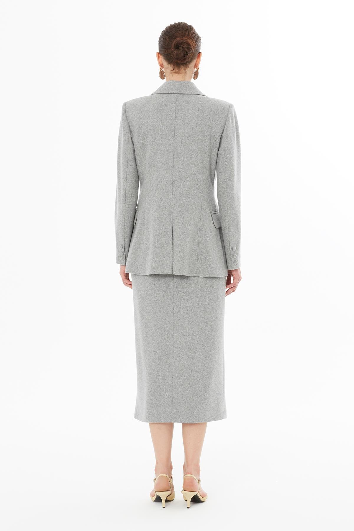 Kruvaze Düğmeli Klasik Gri Yünlü Blazer Ceket