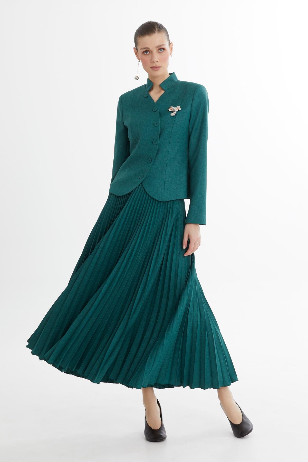 Red Suit with Wrap Blazer and Pleated Skirt