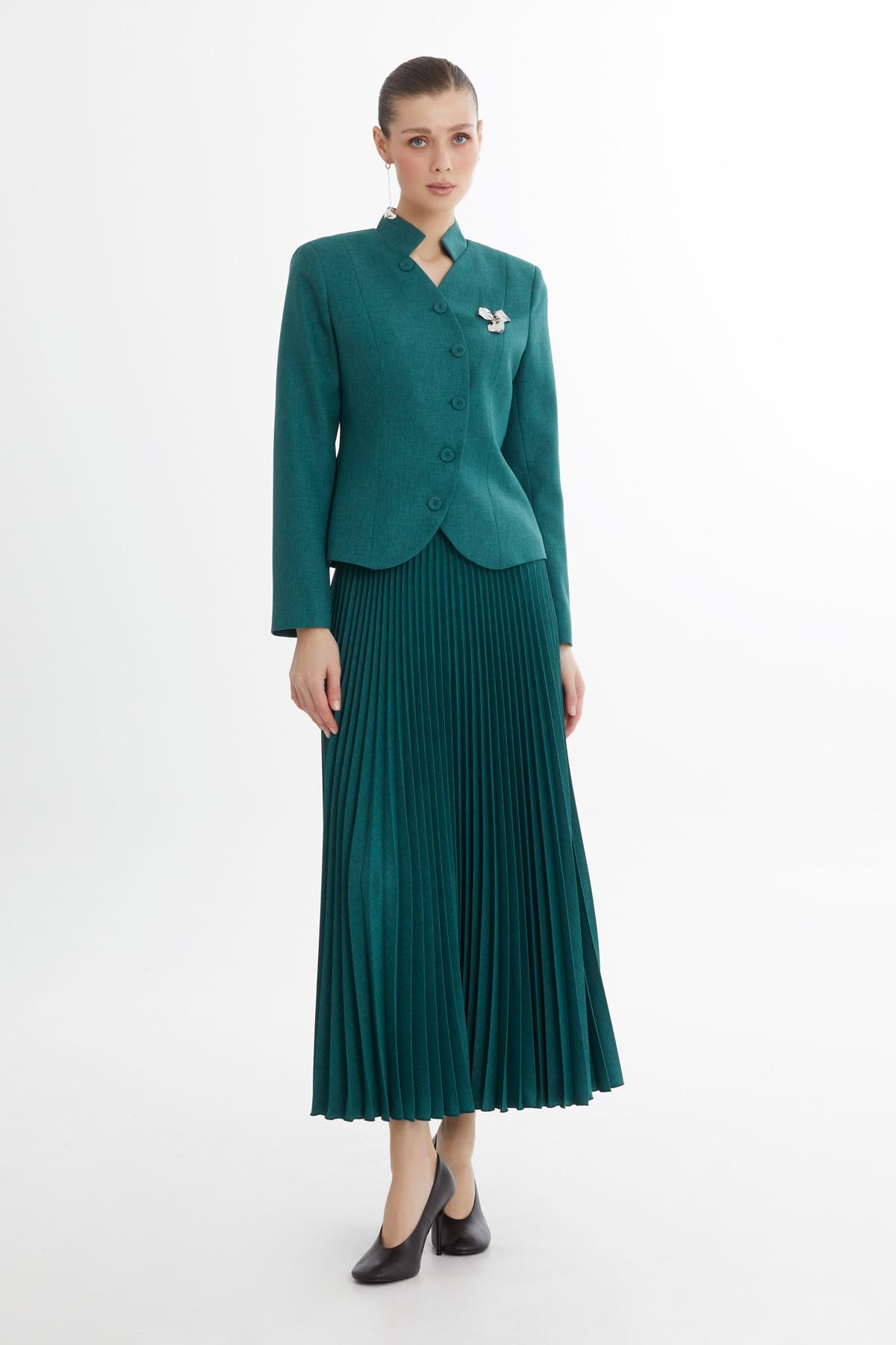 Red Suit with Wrap Blazer and Pleated Skirt