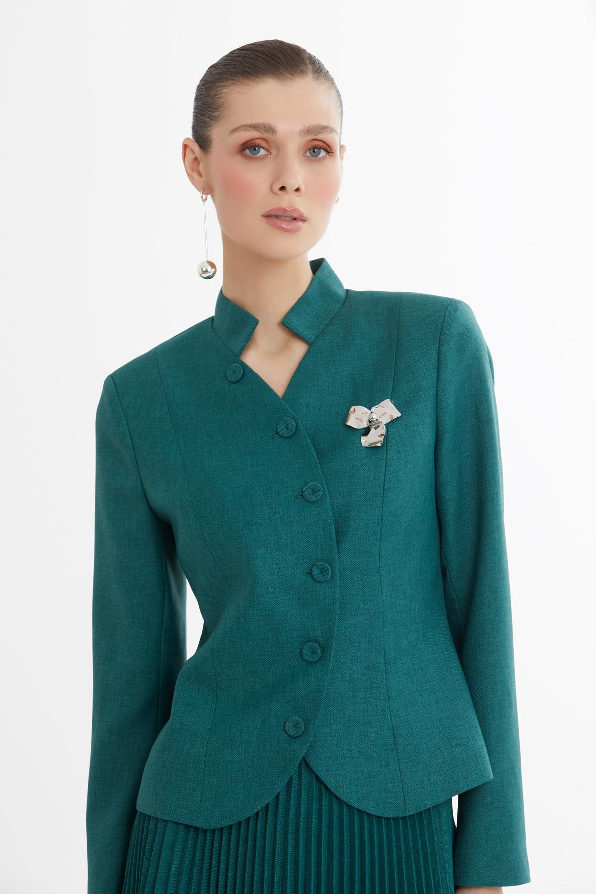 Red Suit with Wrap Blazer and Pleated Skirt