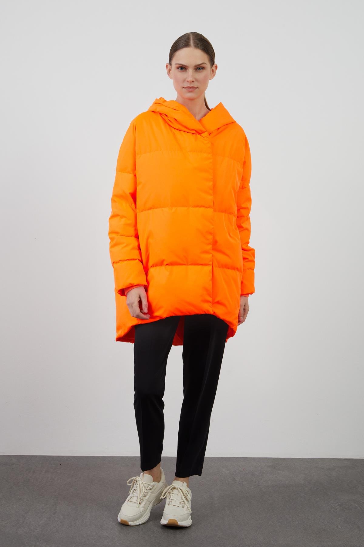 Kruvaze Kapama Oversıze Turuncu Şişme Mont