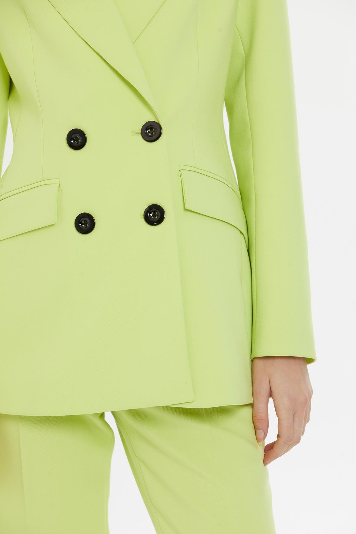 Kruvaze Kapamalı İspanyol Paça Pantolonlu Fit Yeşil Takım