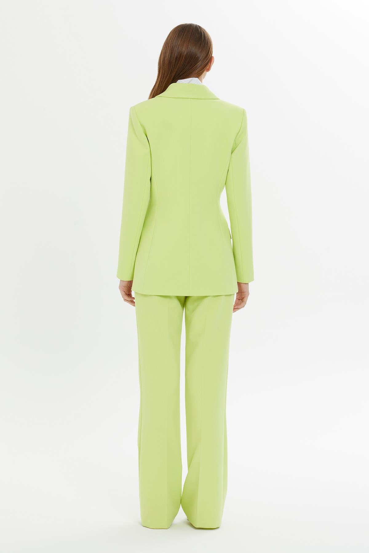 Kruvaze Kapamalı İspanyol Paça Pantolonlu Fit Yeşil Takım