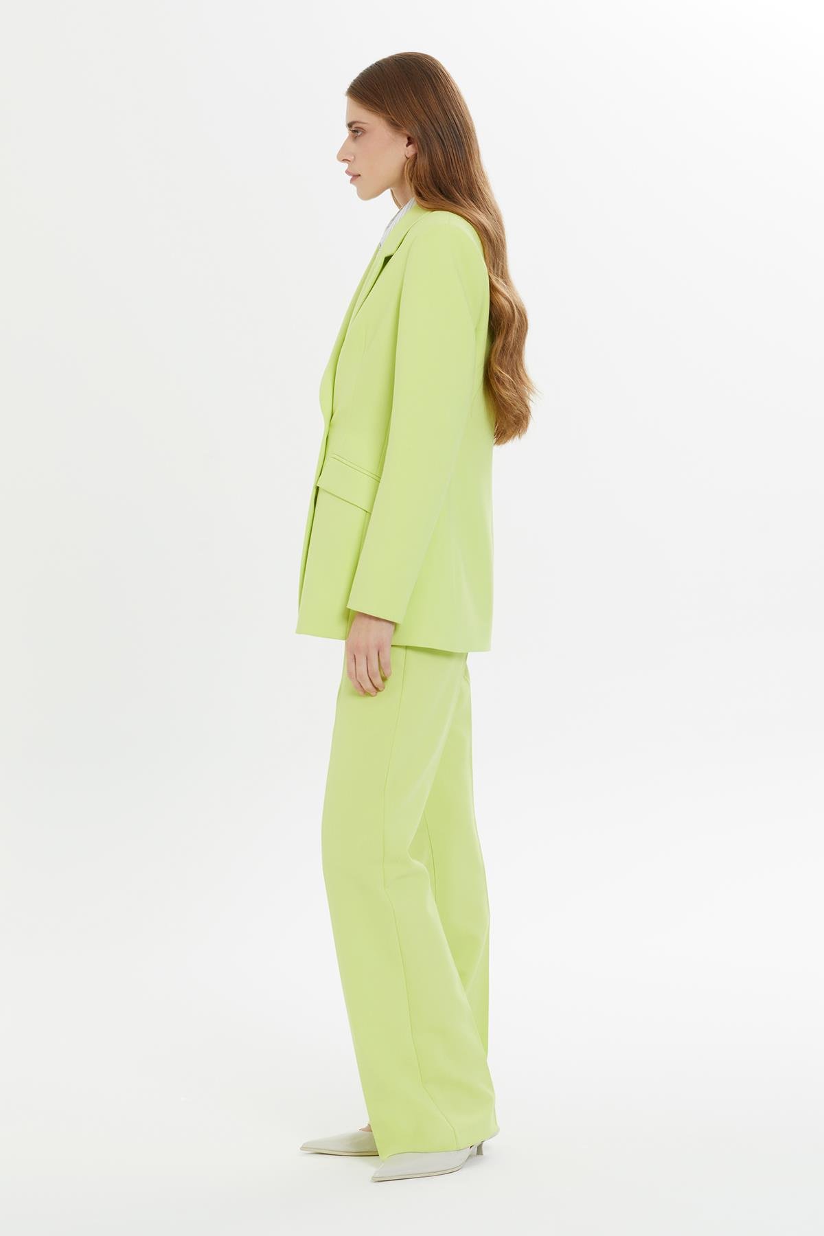 Kruvaze Kapamalı İspanyol Paça Pantolonlu Fit Yeşil Takım