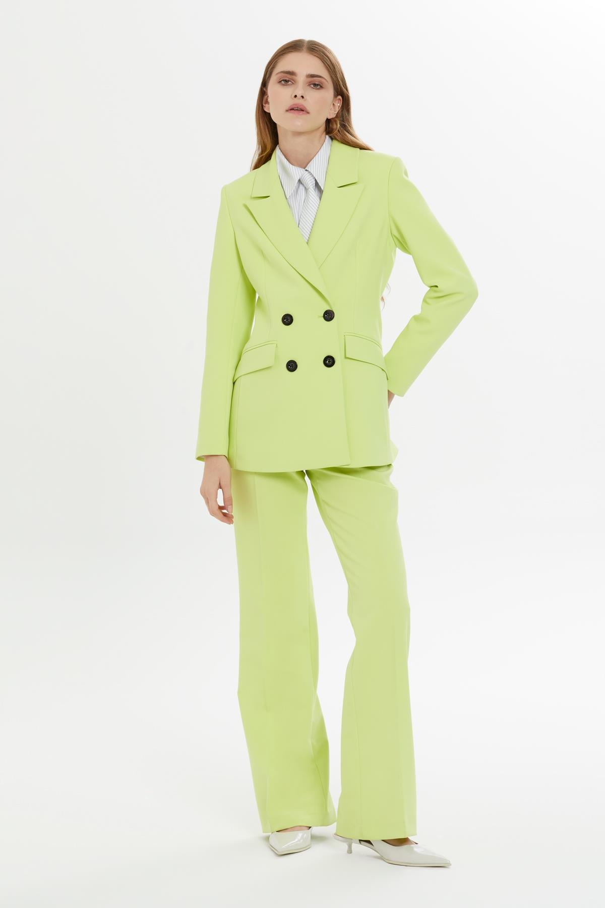 Kruvaze Kapamalı İspanyol Paça Pantolonlu Fit Yeşil Takım