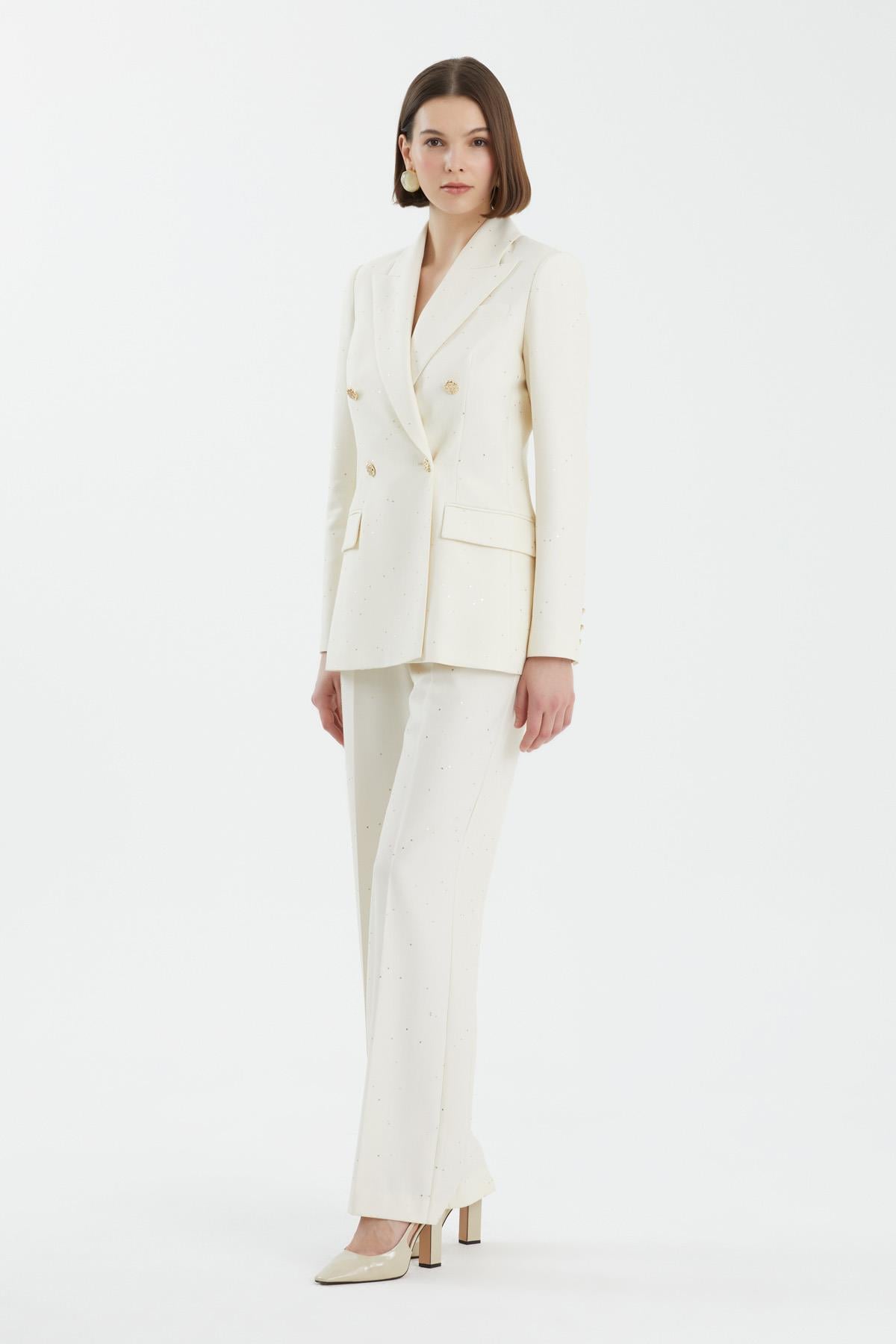Ecru Double-Breasted Sequin Suit Set