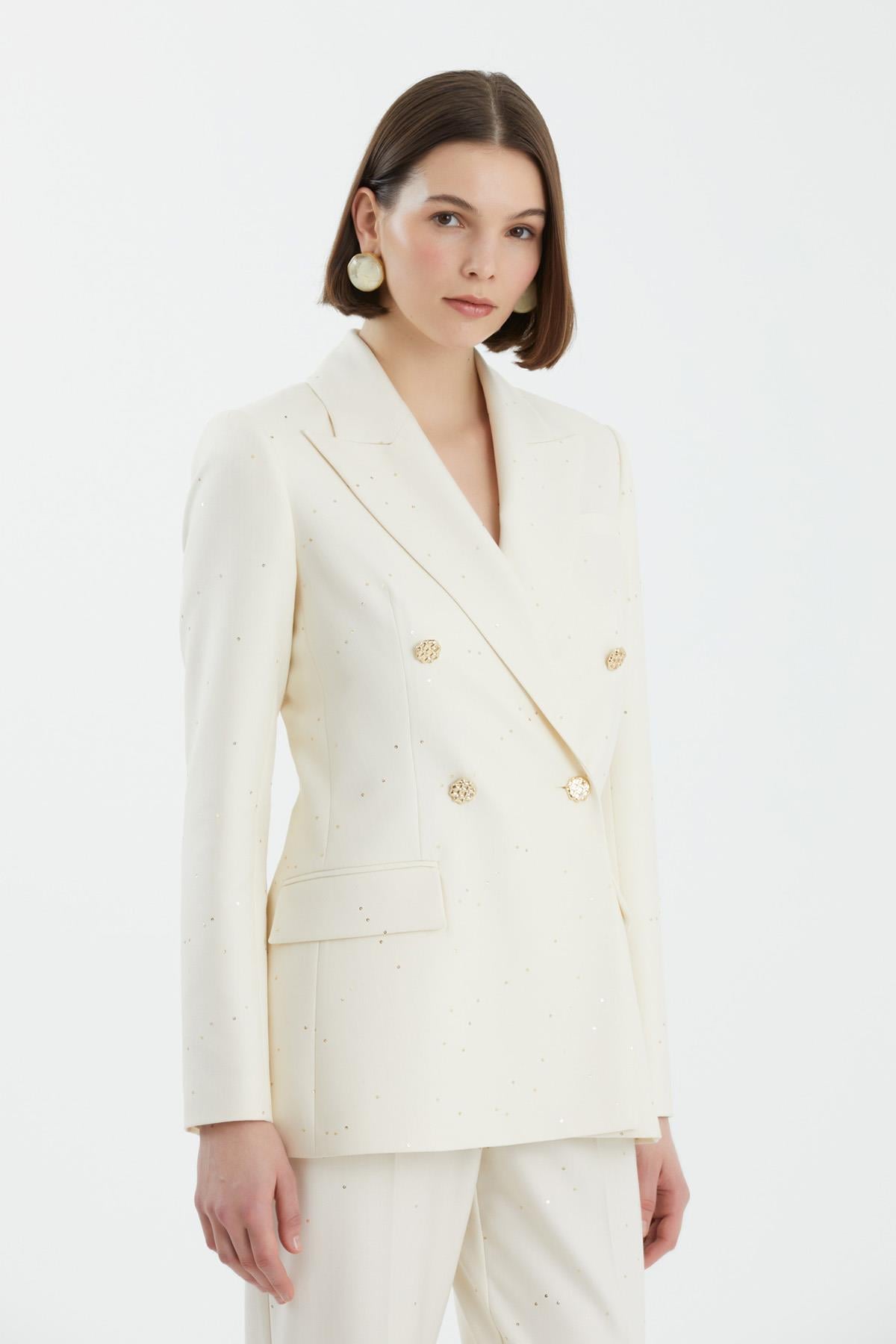 Ecru Double-Breasted Sequin Suit Set