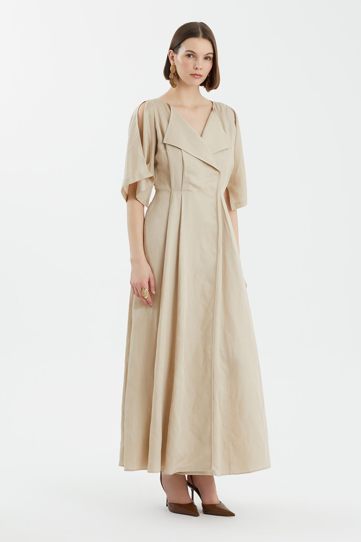 Beige Wrap Pleated Dress