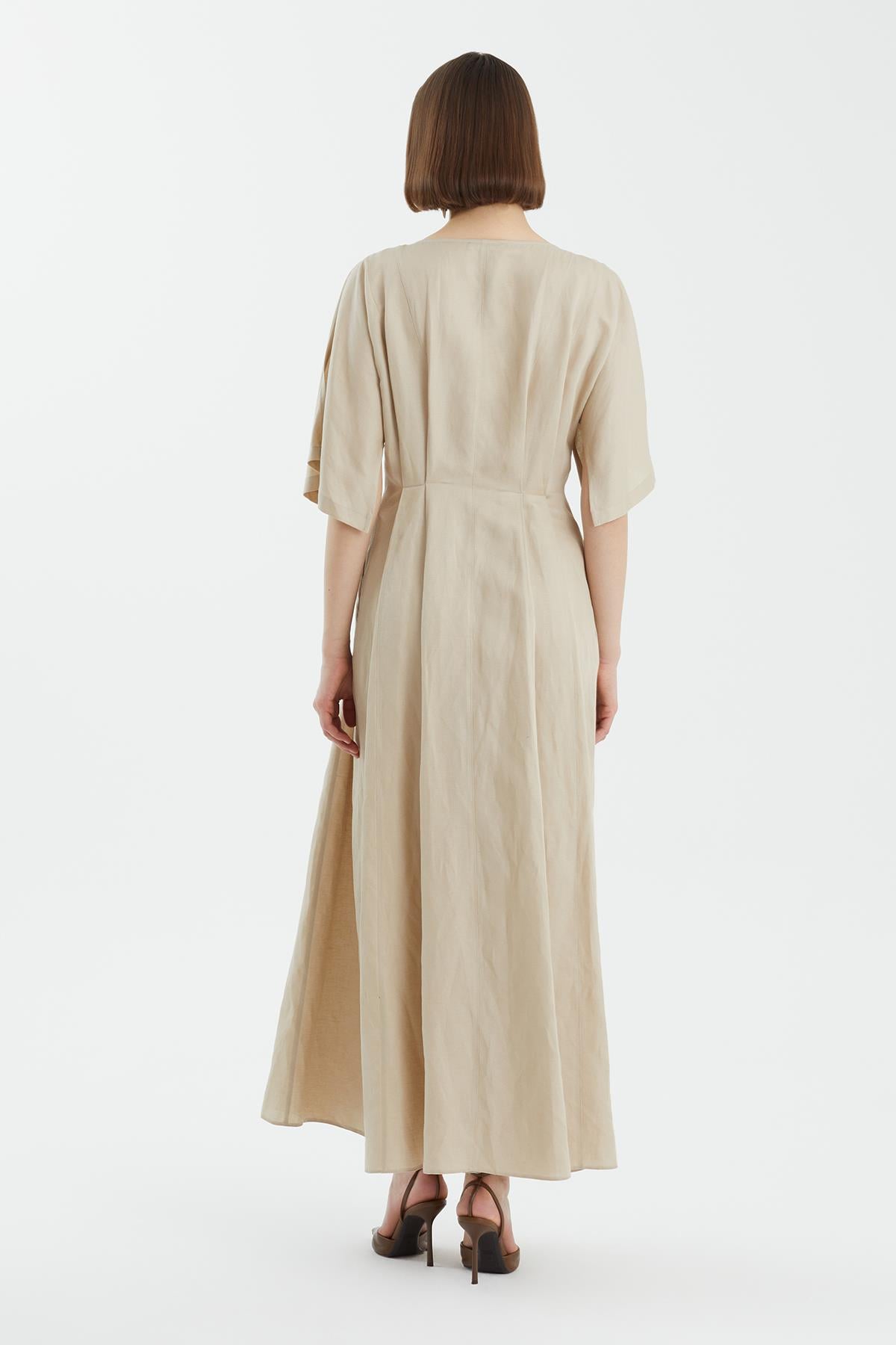 Beige Wrap Pleated Dress