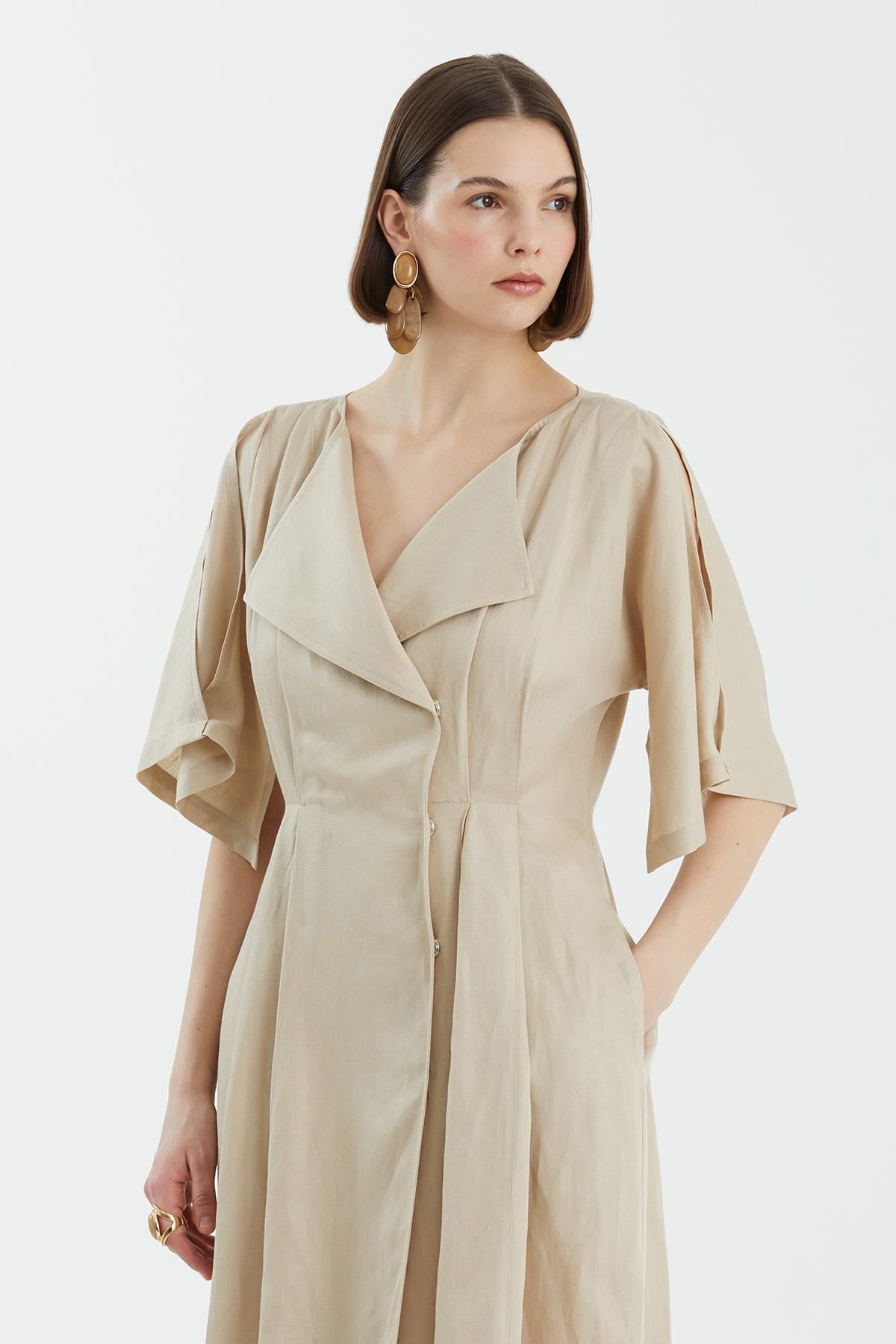 Beige Wrap Pleated Dress