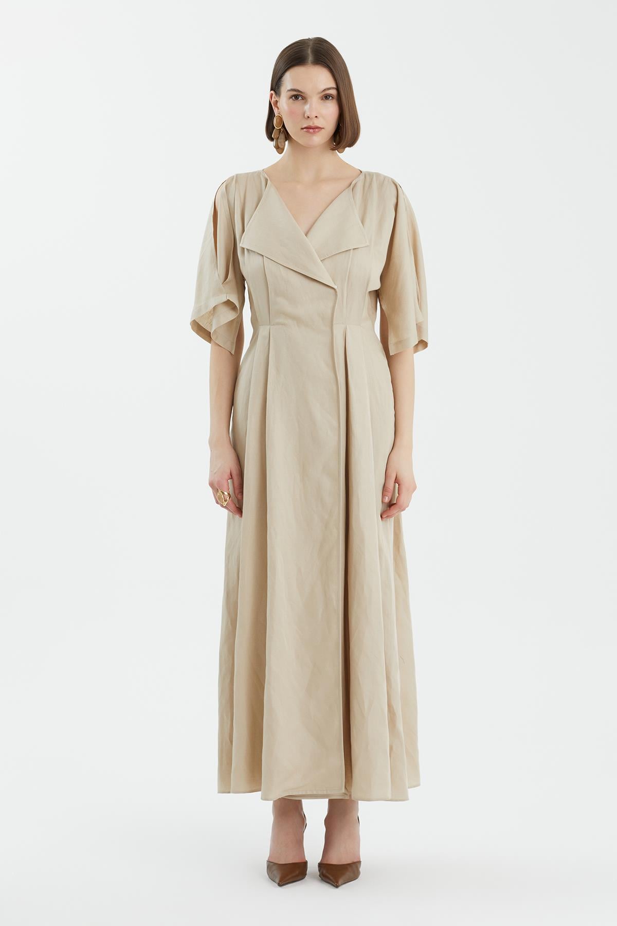 Beige Wrap Pleated Dress