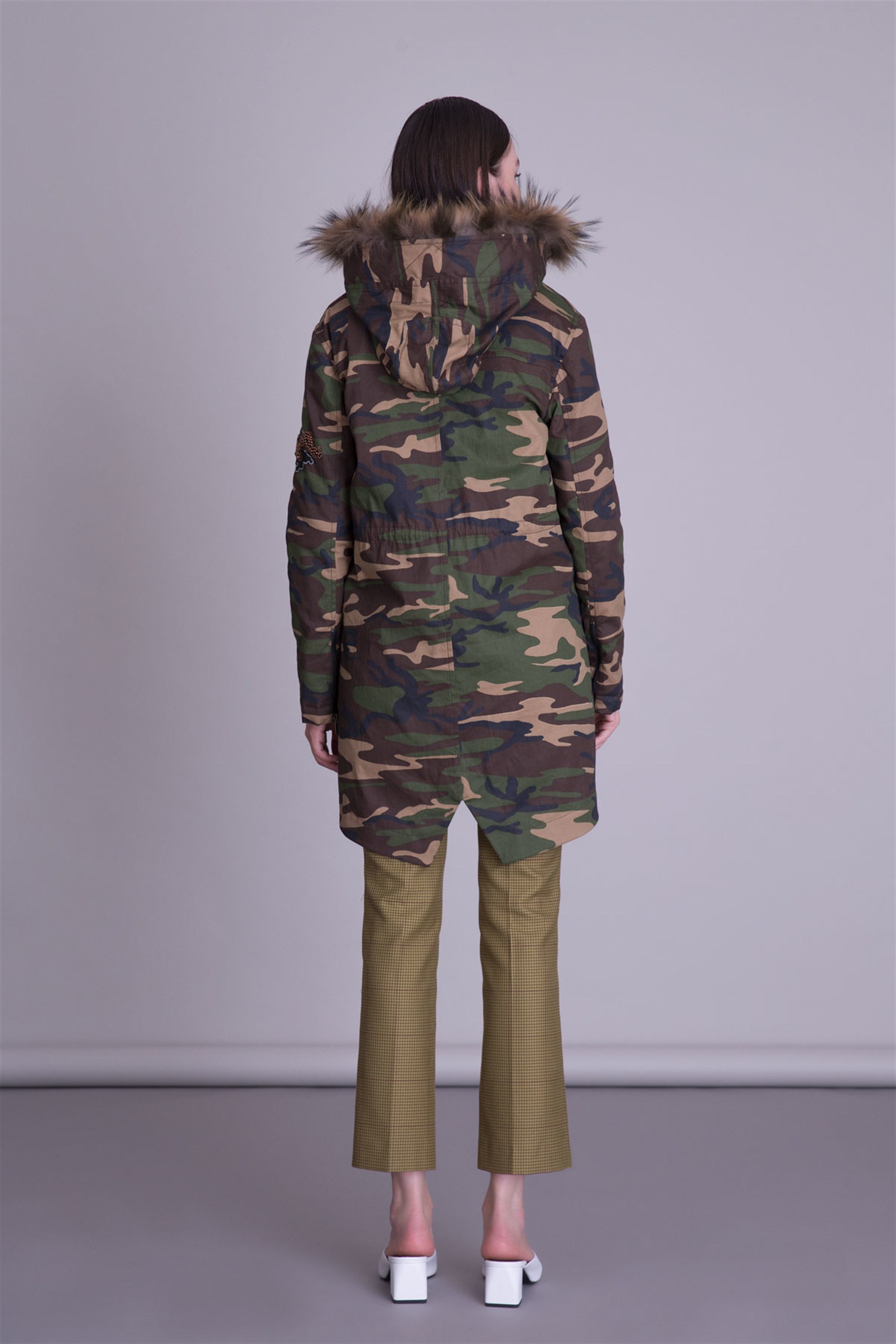 Fur Detailed Camouflage Patterned Hooded Coat