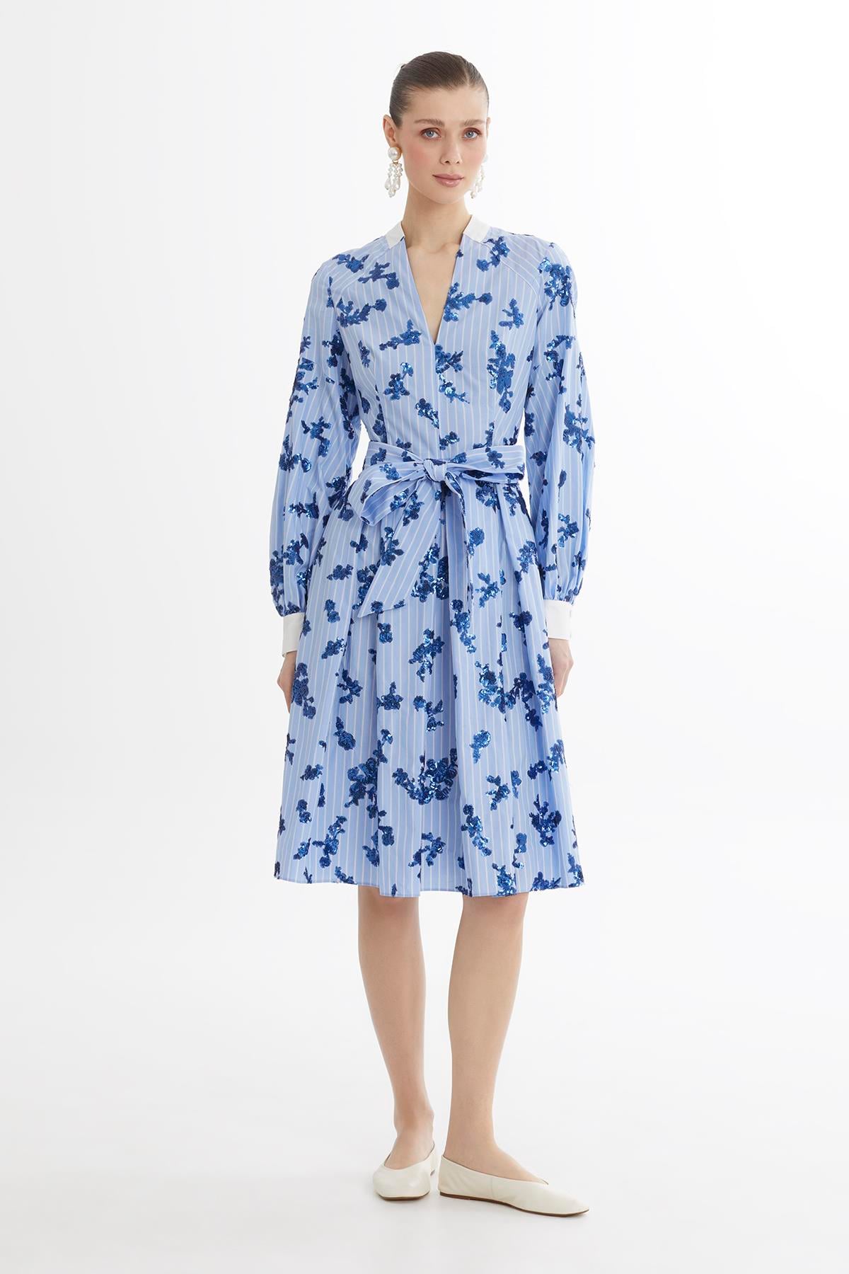 Blue Tie-Waist Pleated Midi Dress
