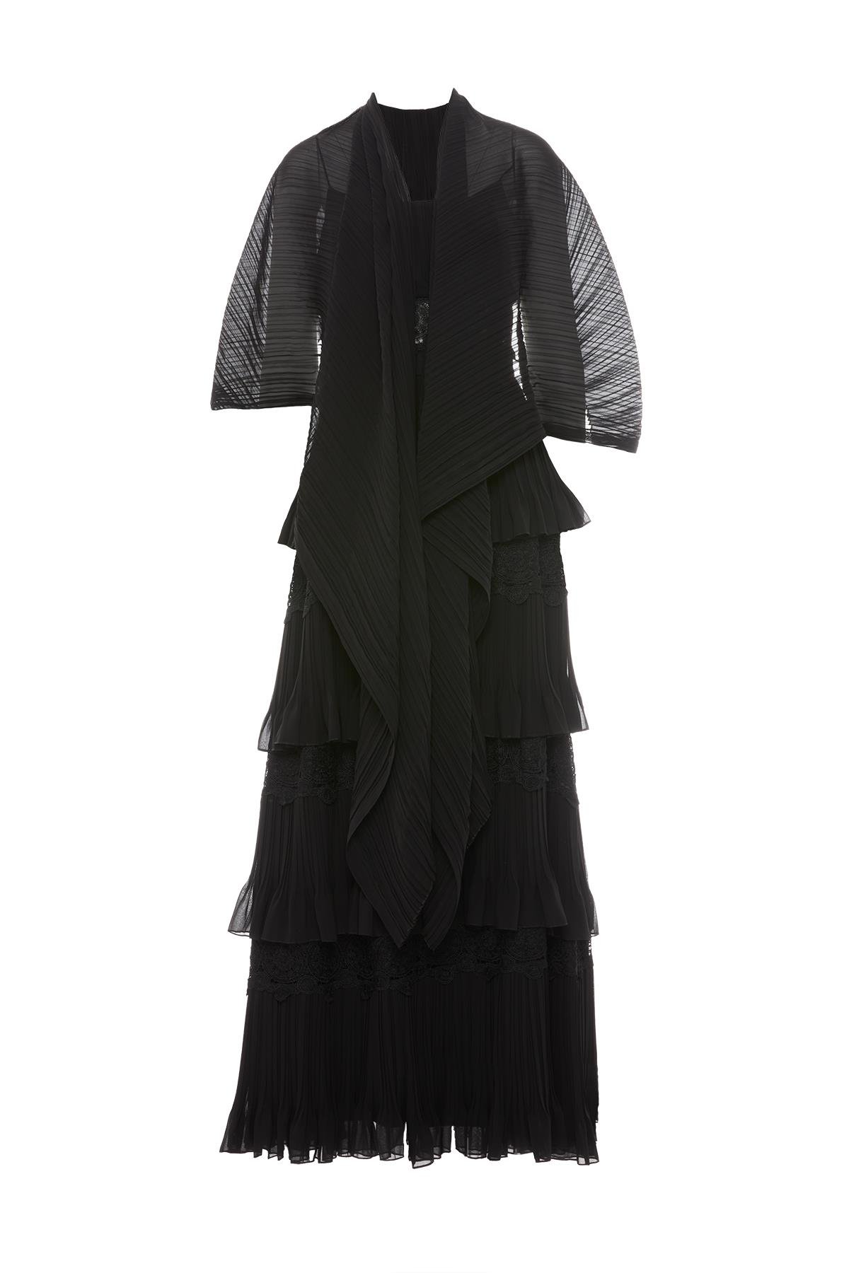 Dantel Ve Pilise Detaylı İp Askılı Kat Kat Şifon Özel Elbise