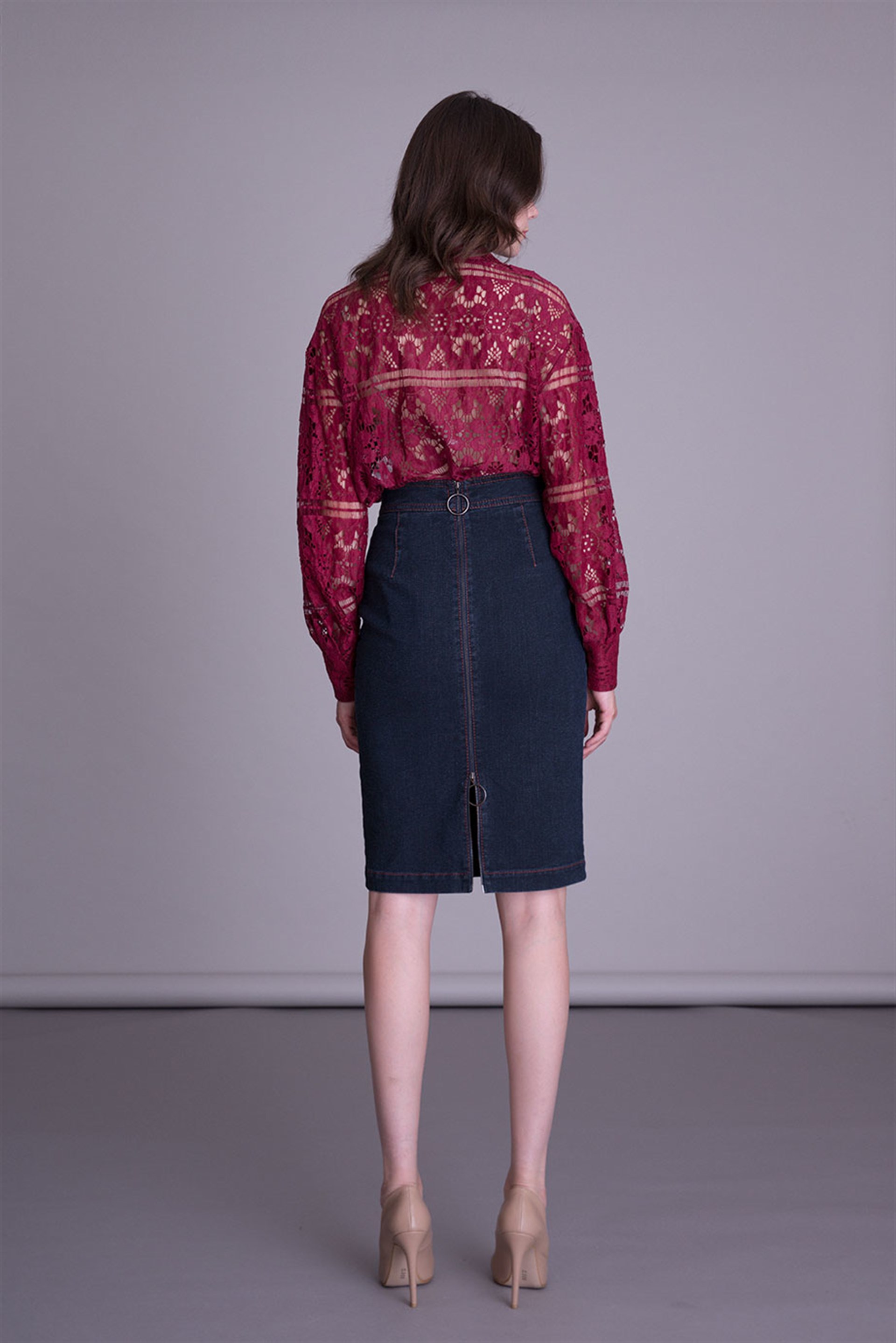 Navy Blue Denim Fabric Pencil Skirt