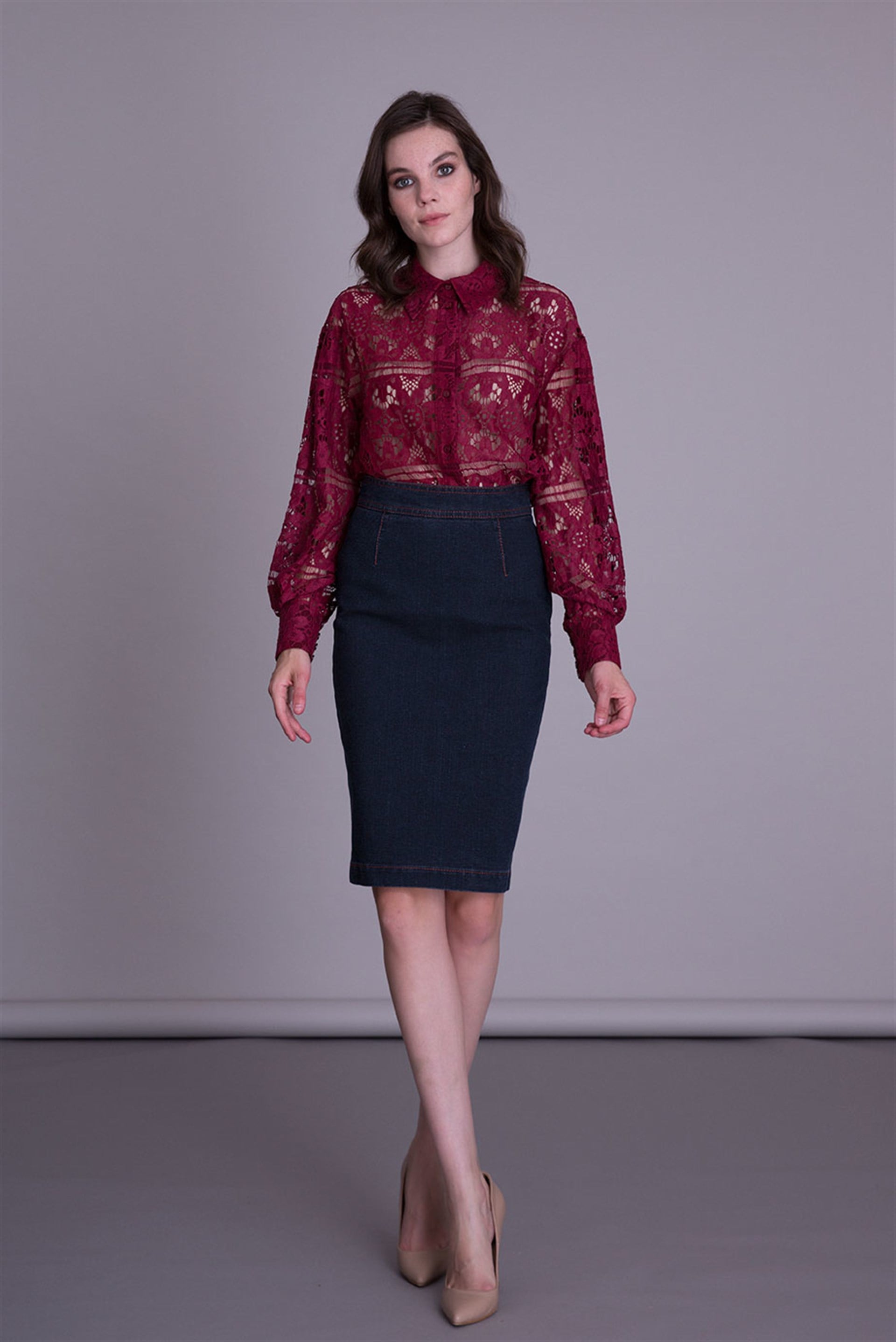 Navy Blue Denim Fabric Pencil Skirt