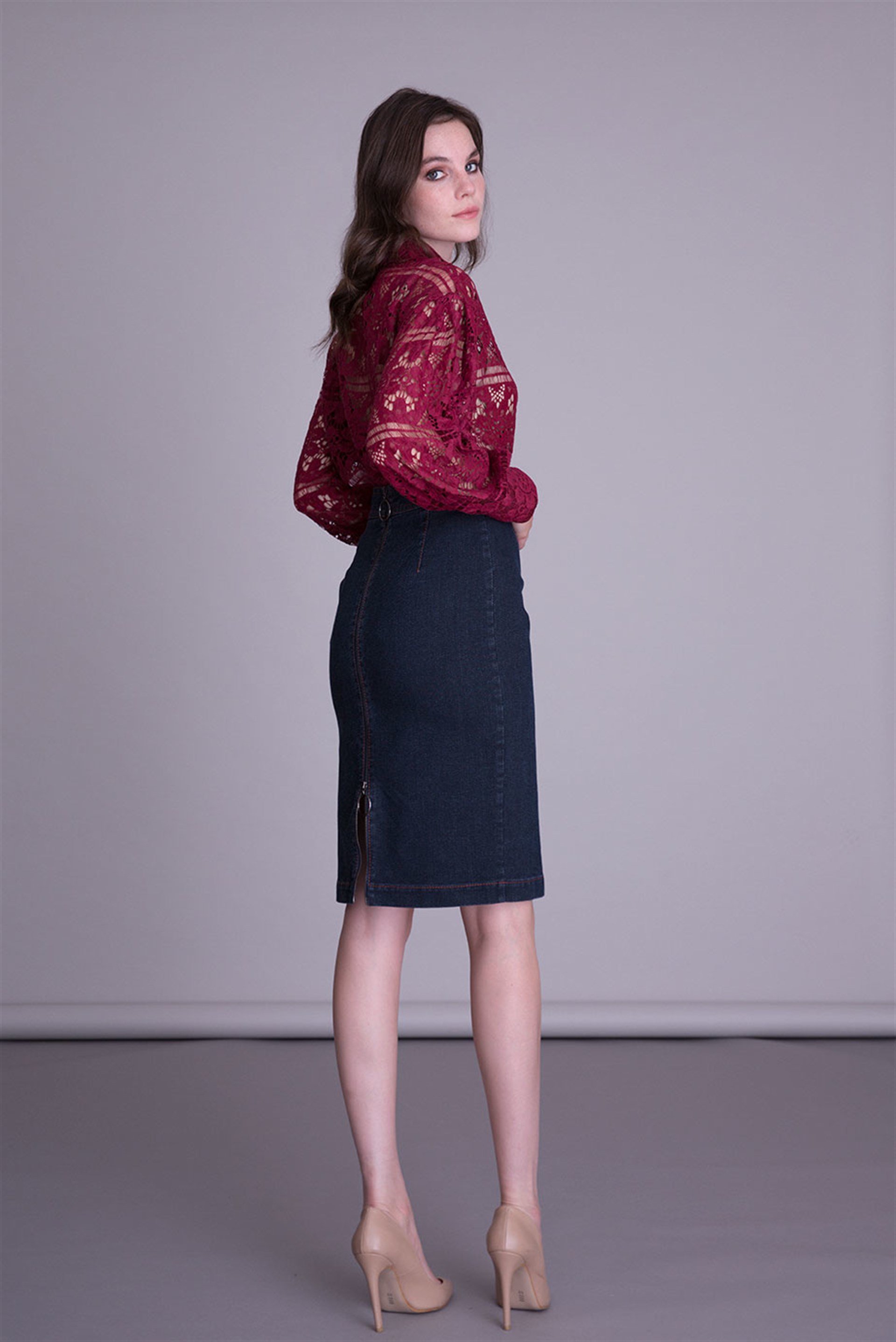 Navy Blue Denim Fabric Pencil Skirt