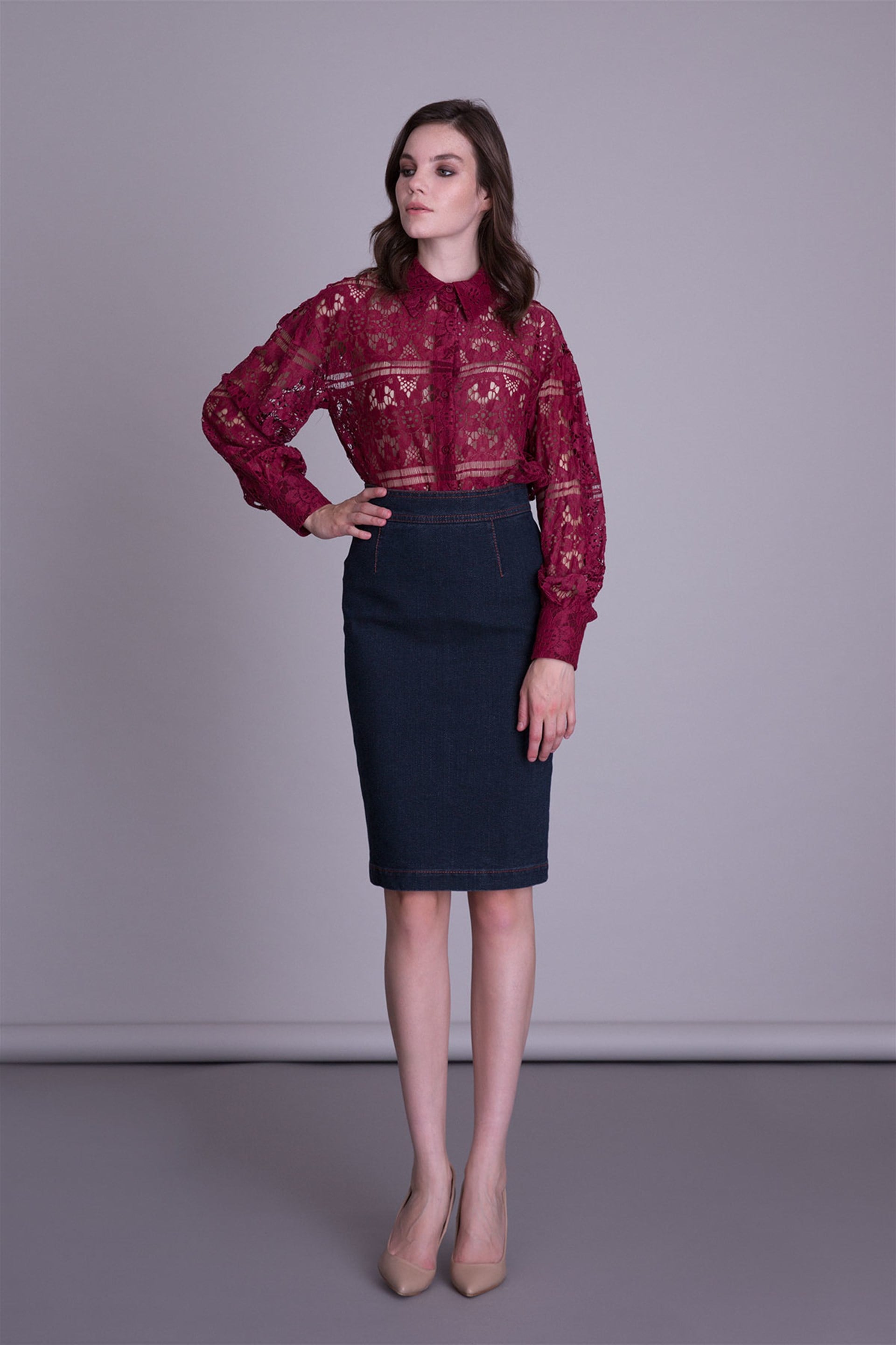 Navy Blue Denim Fabric Pencil Skirt