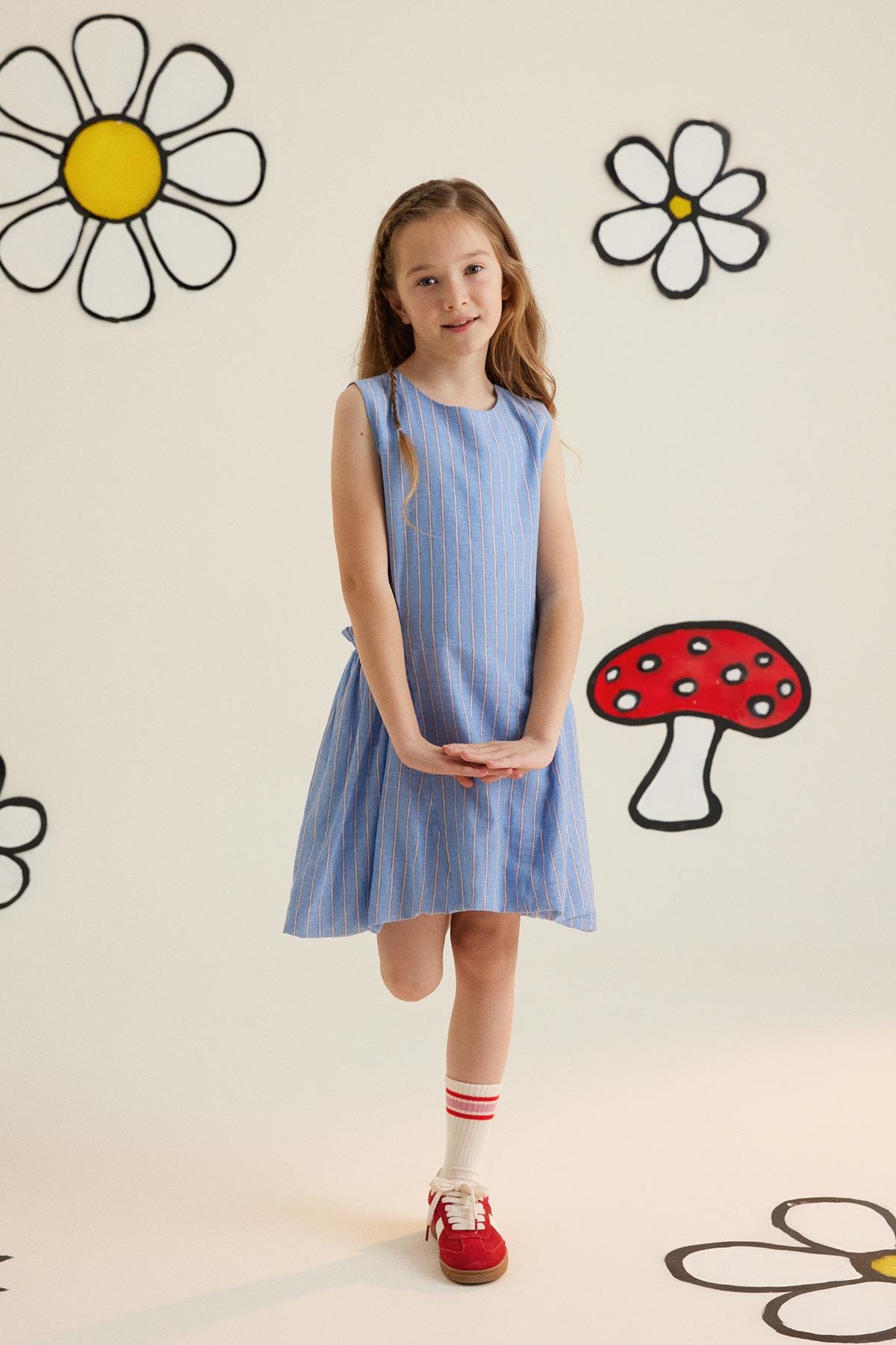 Lastik Cepli Balon Etek Mavi Elbise