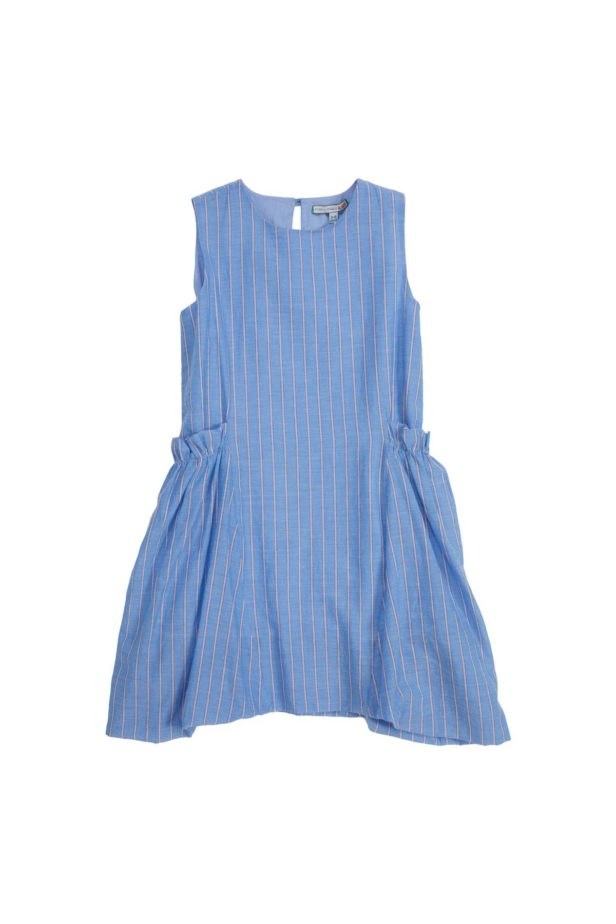 Lastik Cepli Balon Etek Mavi Elbise