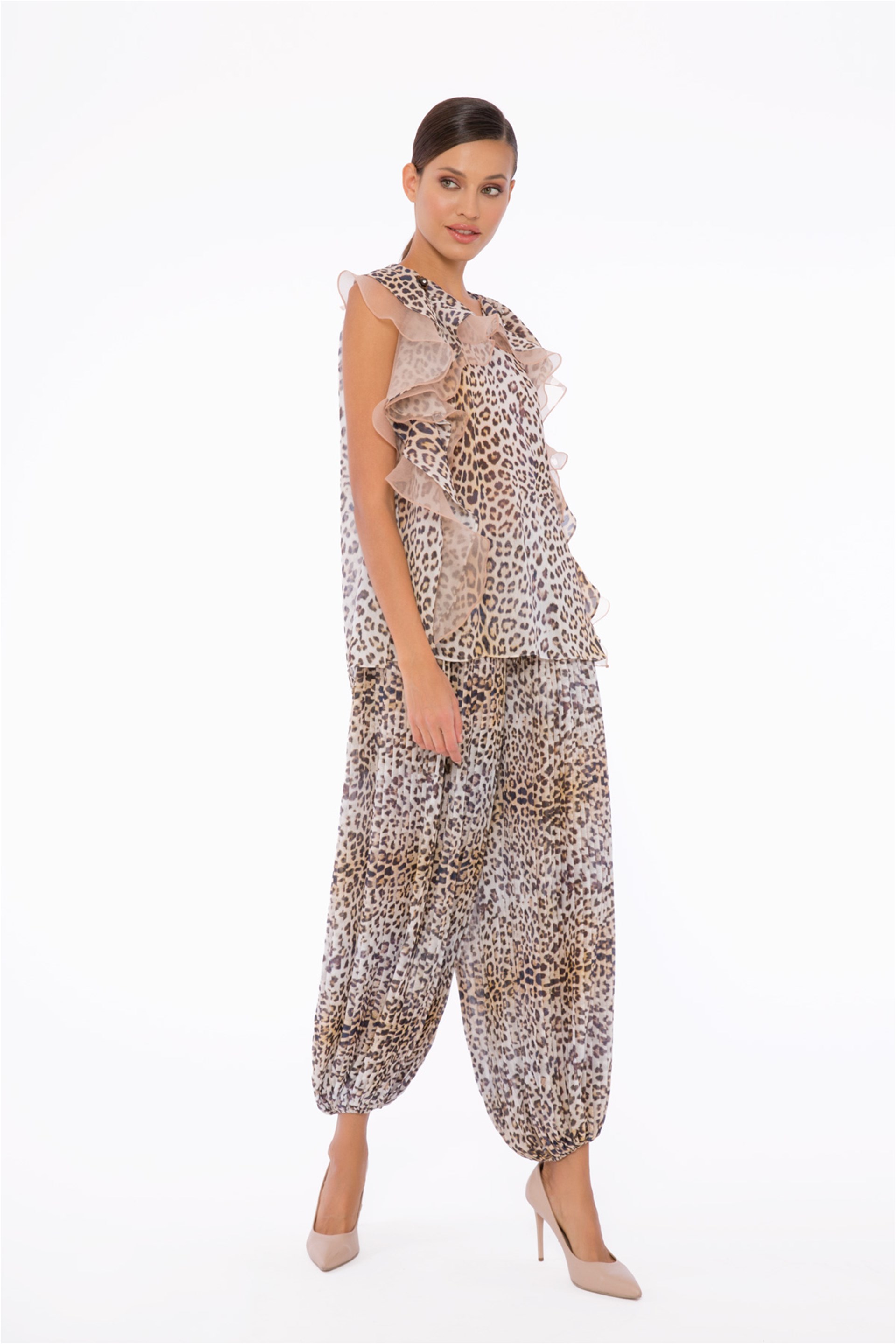 Leopar Desenli, Piliseli Bej Şalvar Pantolon