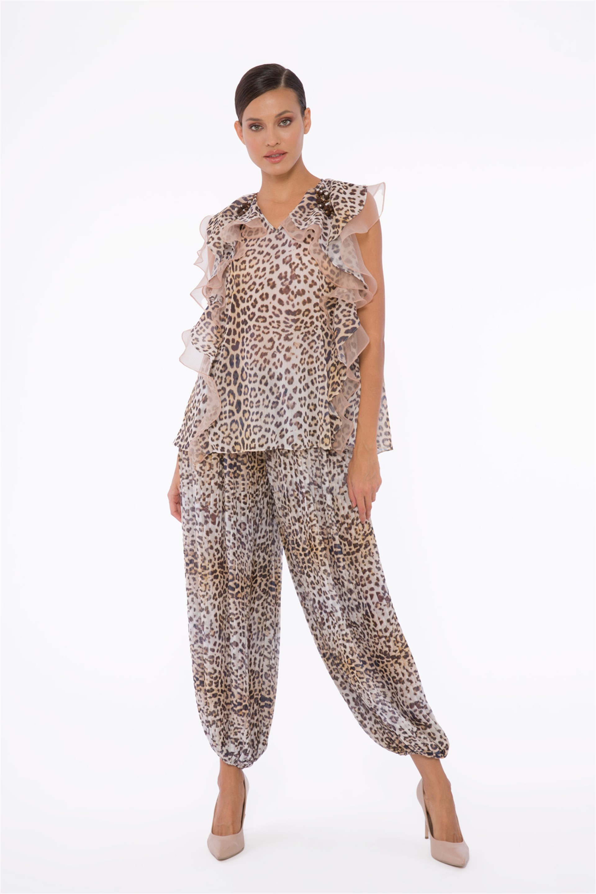 Leopar Desenli, Piliseli Bej Şalvar Pantolon