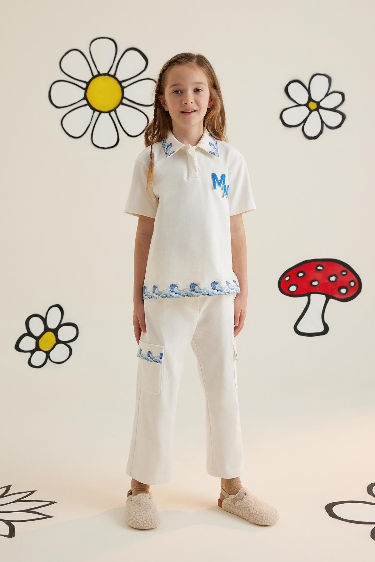 Logo Nakış Detaylı Polo Yaka Ekru T-shirt