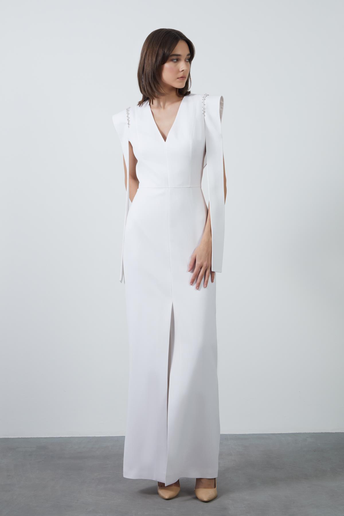 Long Ecru Dress with Shoulder Embroidery and Front Slit