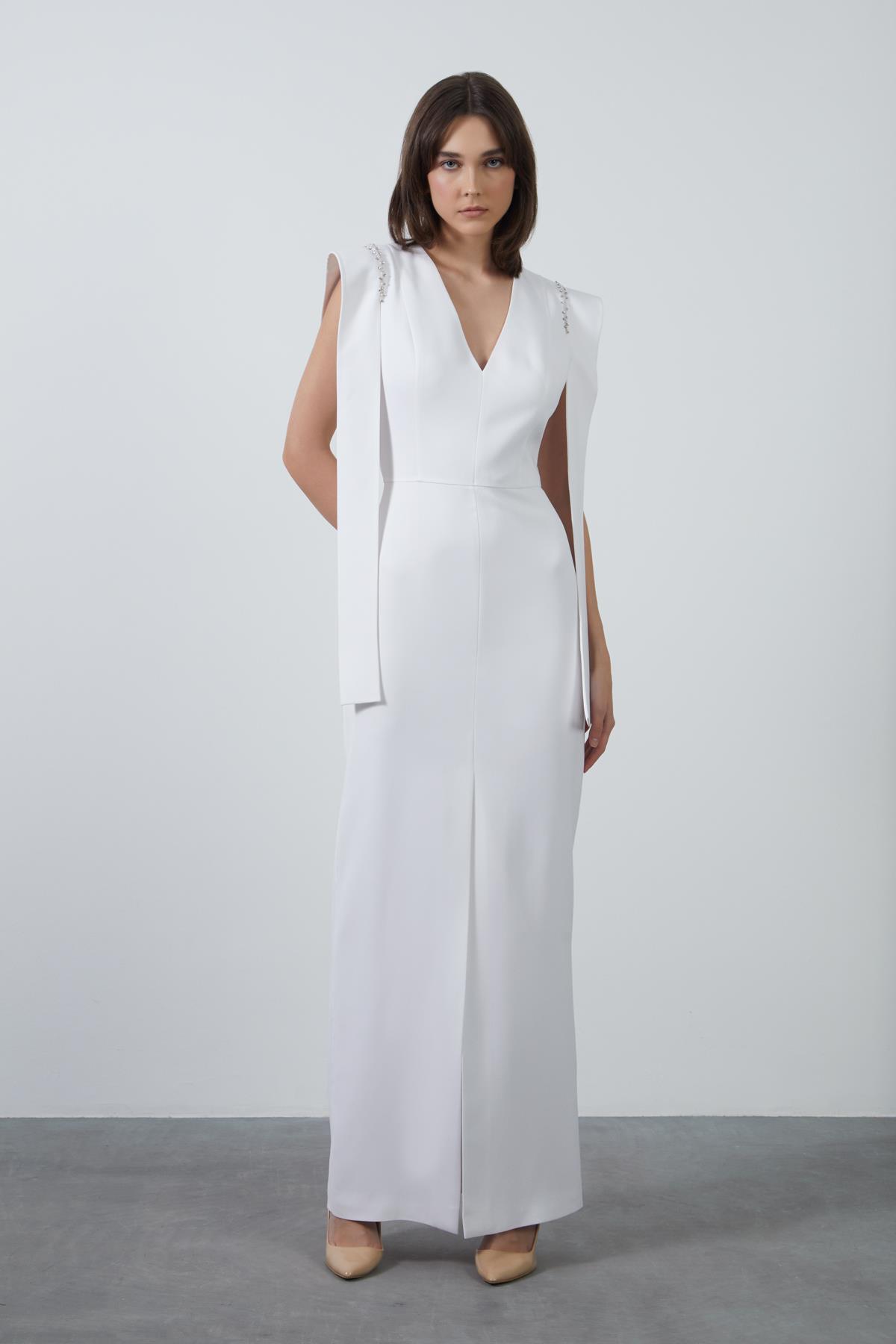 Long Ecru Dress with Shoulder Embroidery and Front Slit
