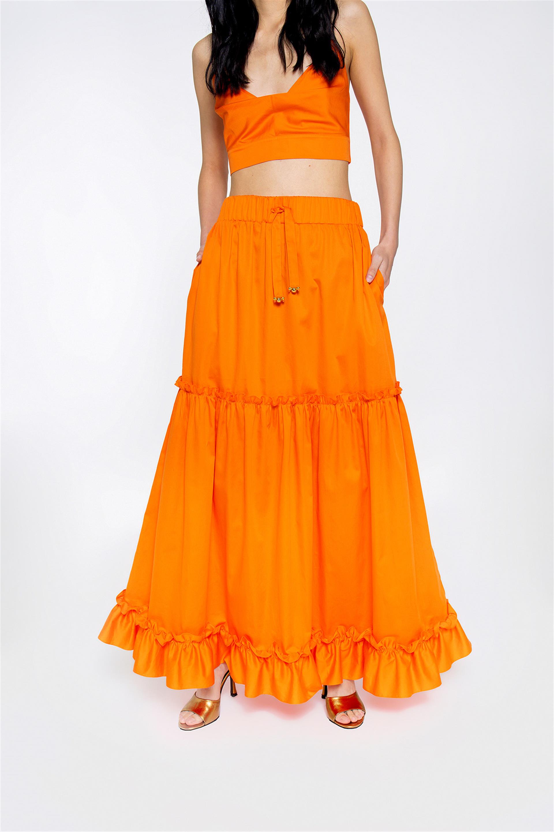 Fırfır Detaylı Bağcık Ucu İşlemeli Beli Lastikli Uzun Turuncu Etek