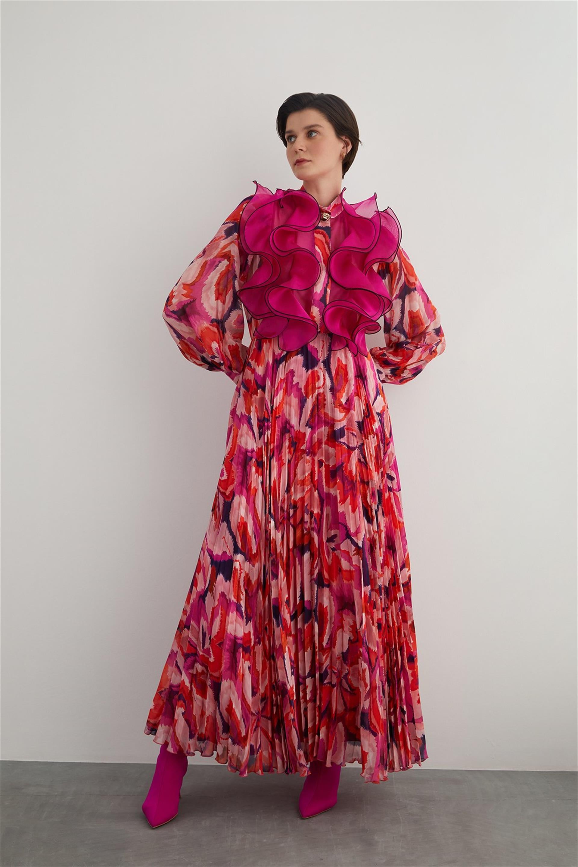 Long Pink Chiffon Dress with Organza Ruffle Detail
