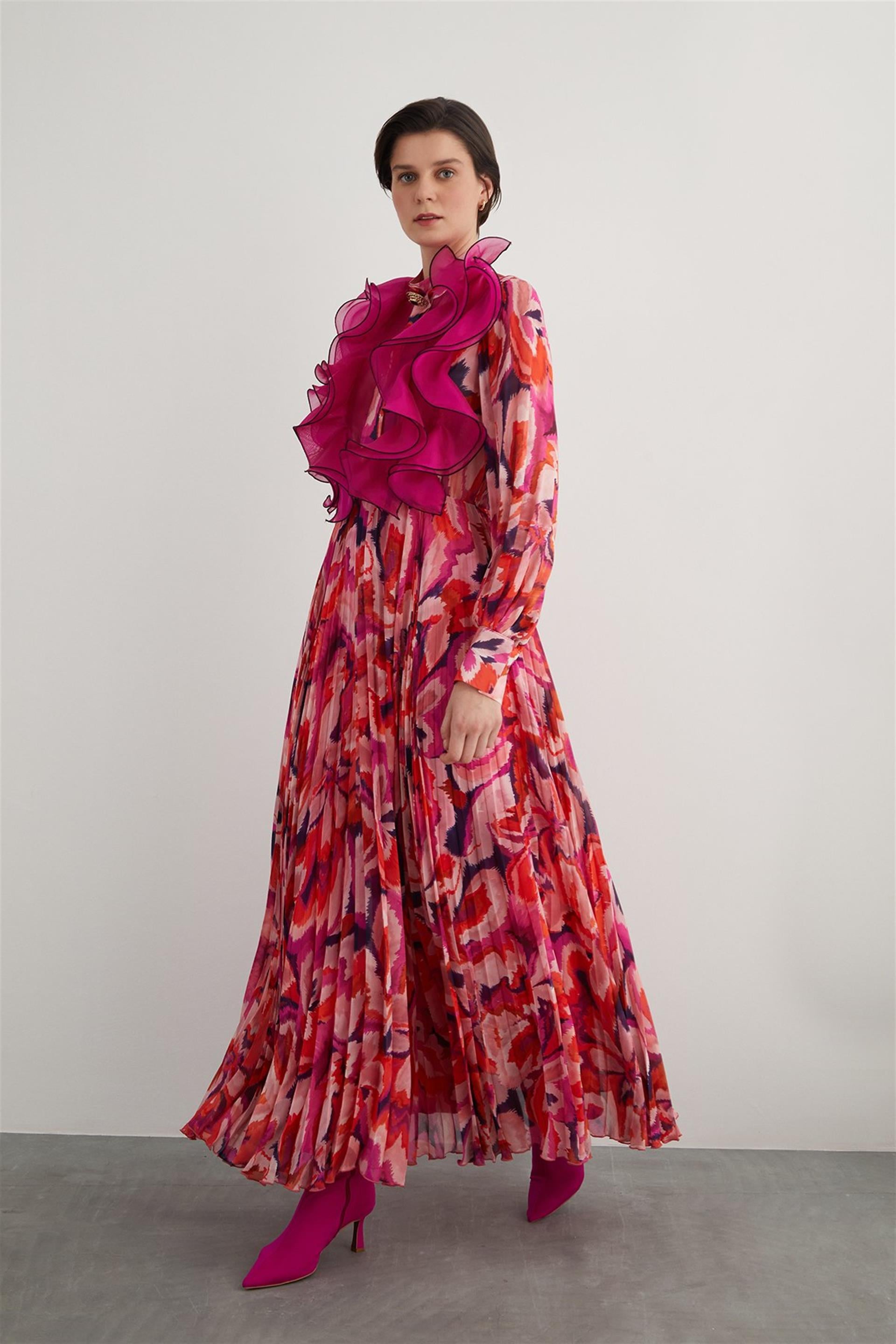 Long Pink Chiffon Dress with Organza Ruffle Detail