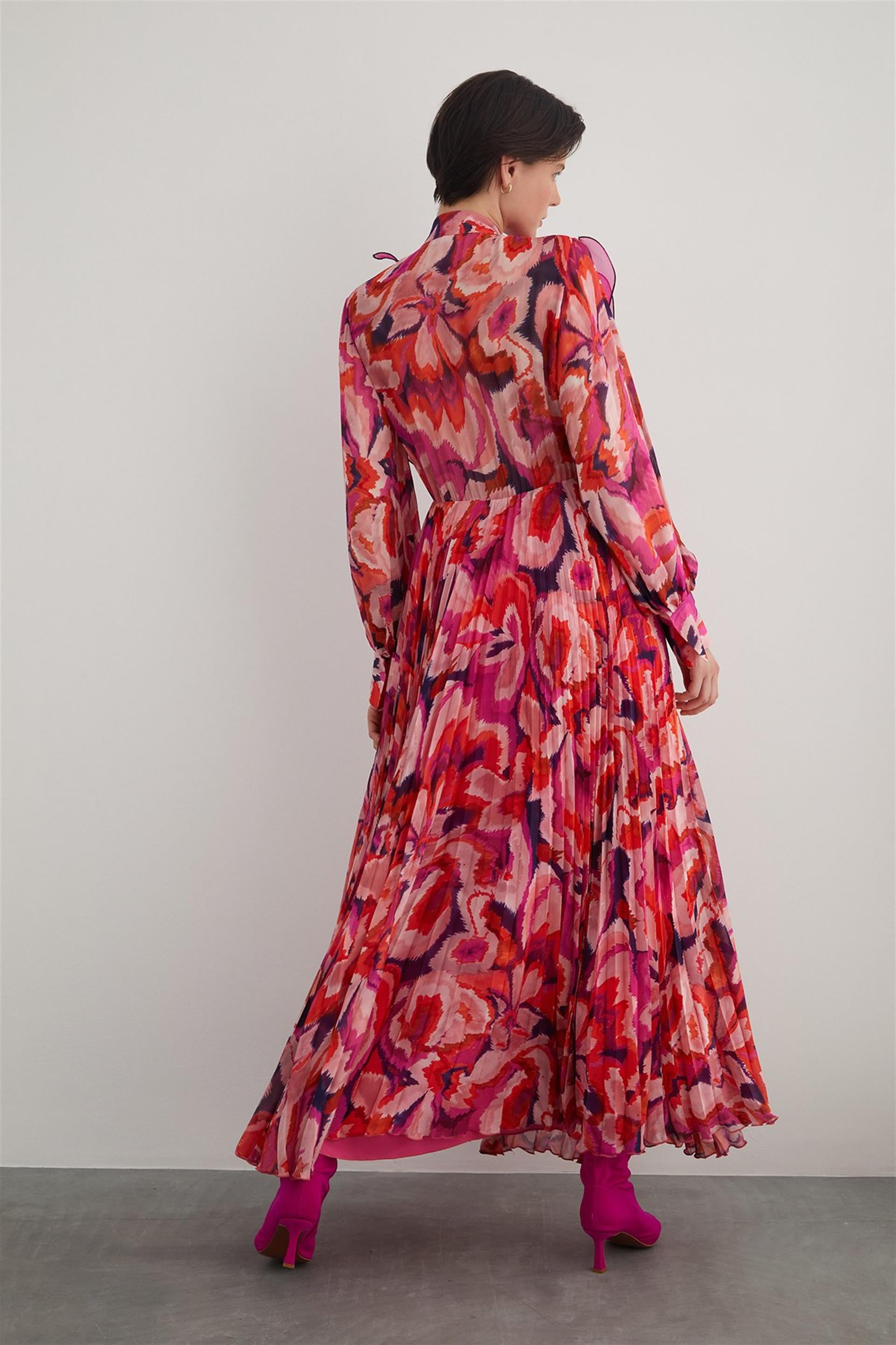 Long Pink Chiffon Dress with Organza Ruffle Detail