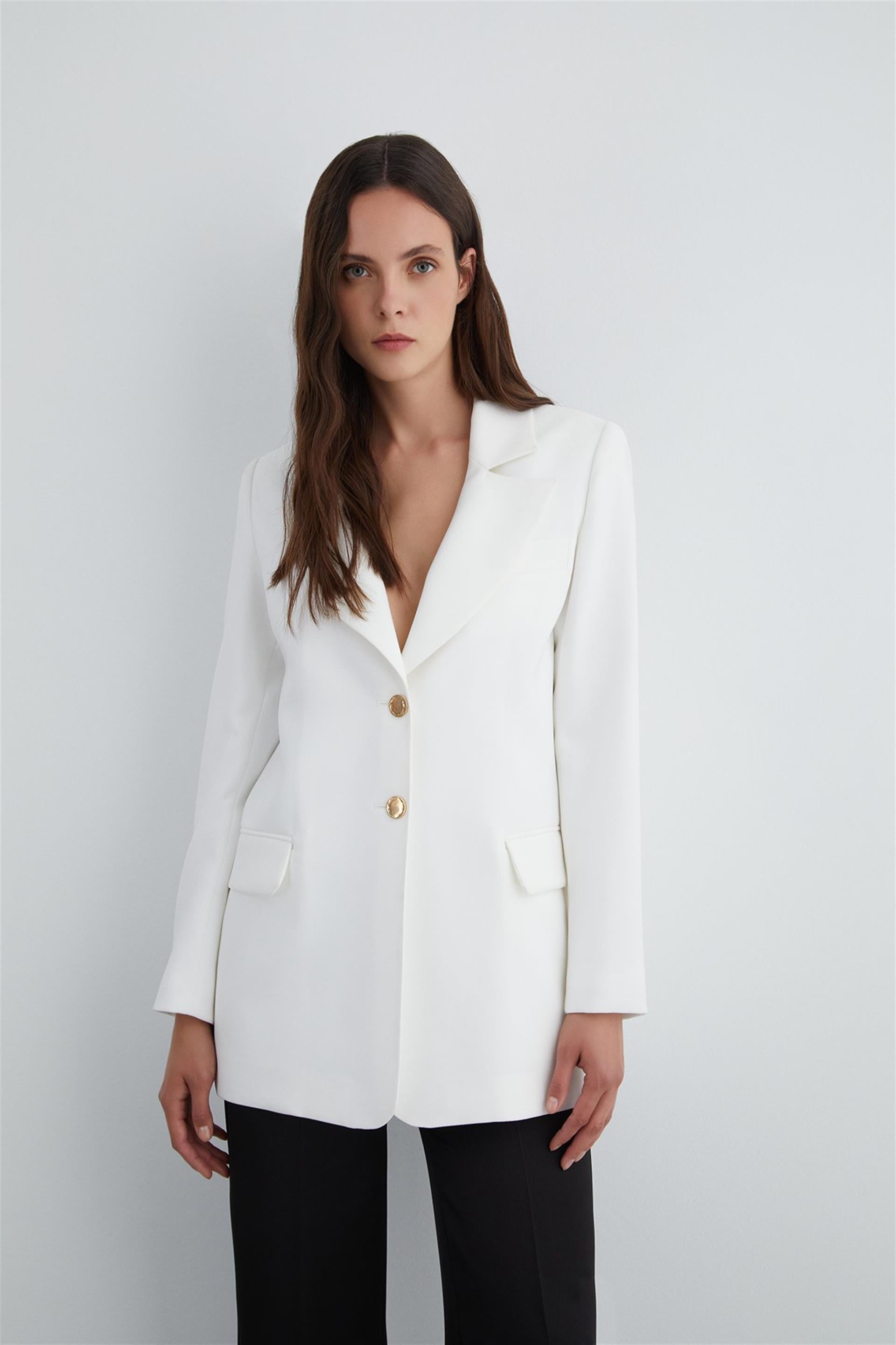 Long Sleeve Ecru Jacket with Gold Button Detail