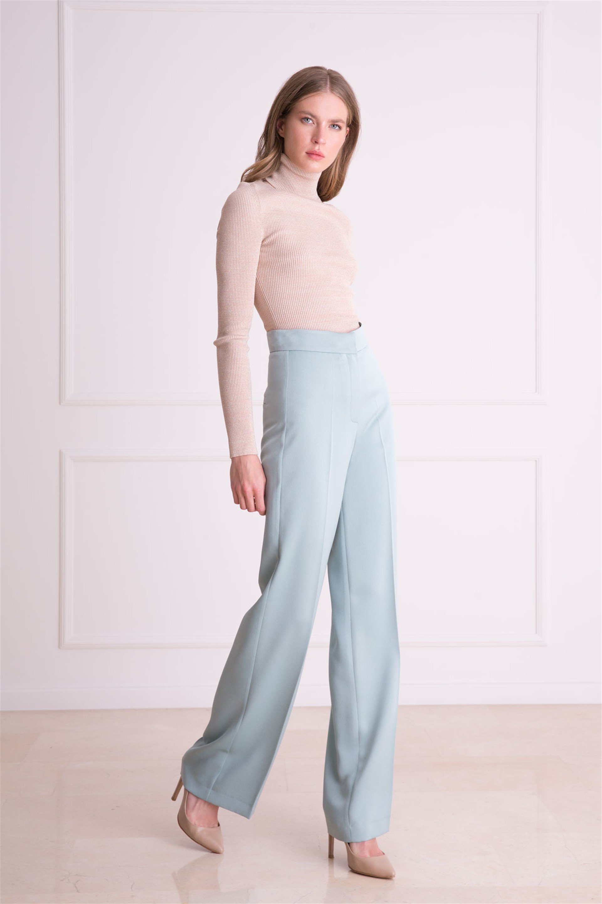 Wide Leg Ecru Fabric Trousers