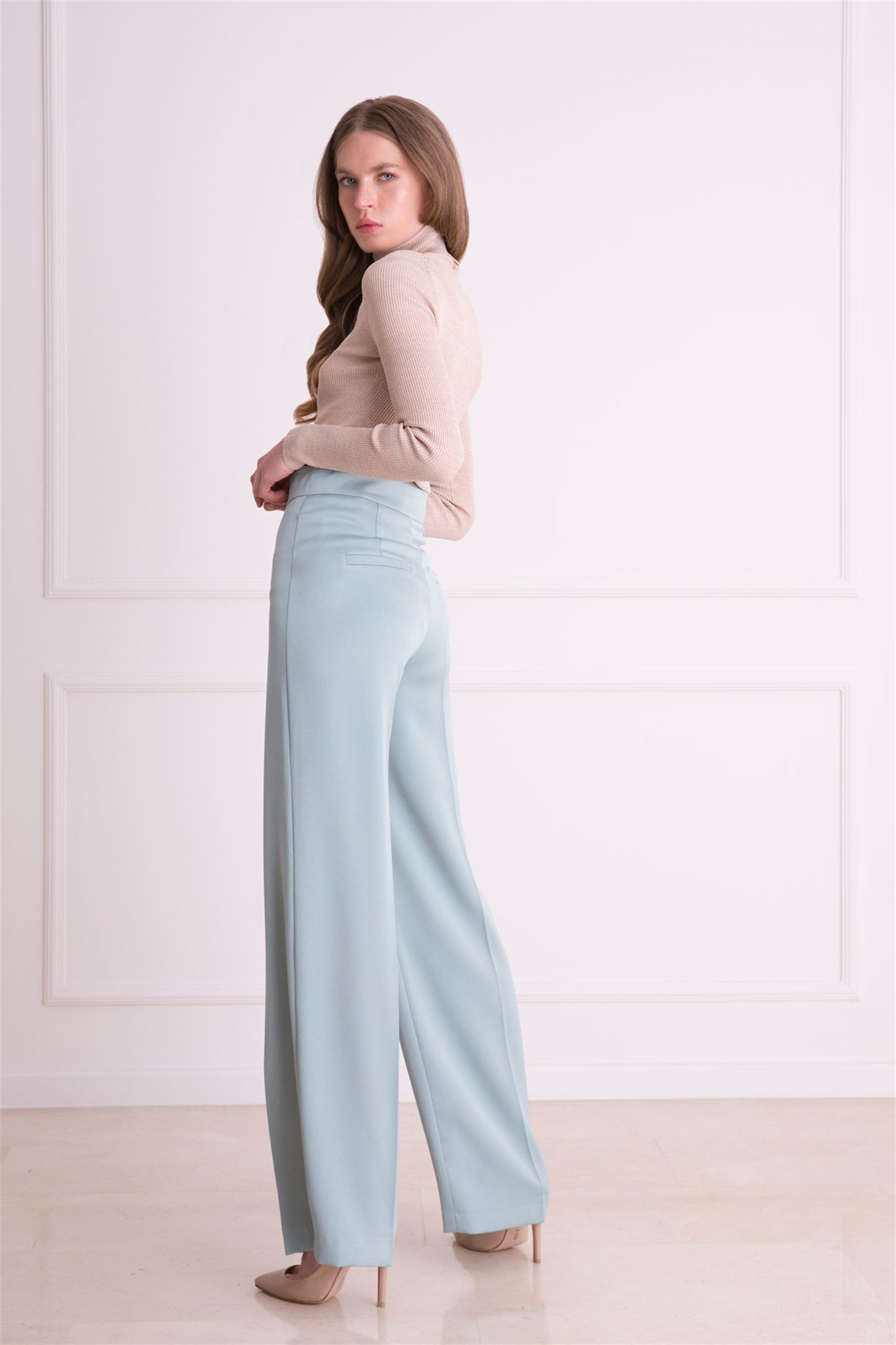 Wide Leg Ecru Fabric Trousers