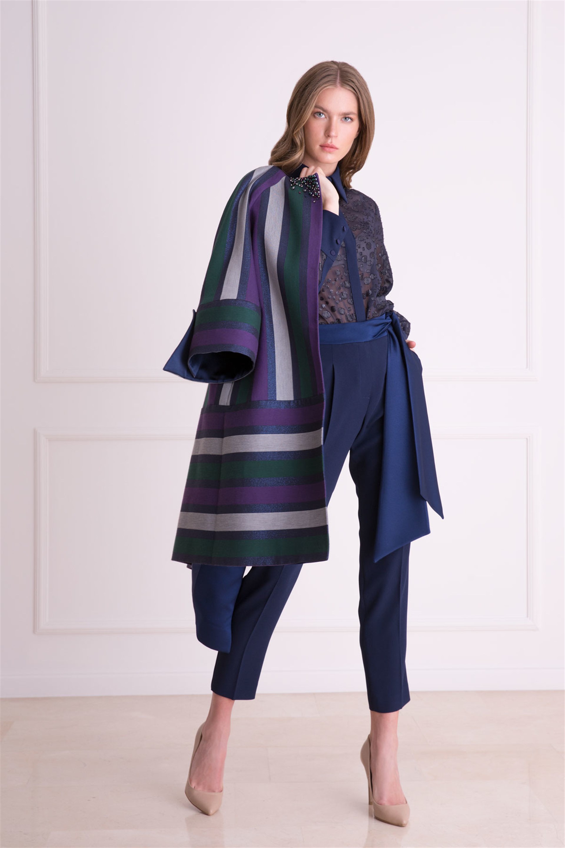 Green Color Classic Trousers with Sash Detail