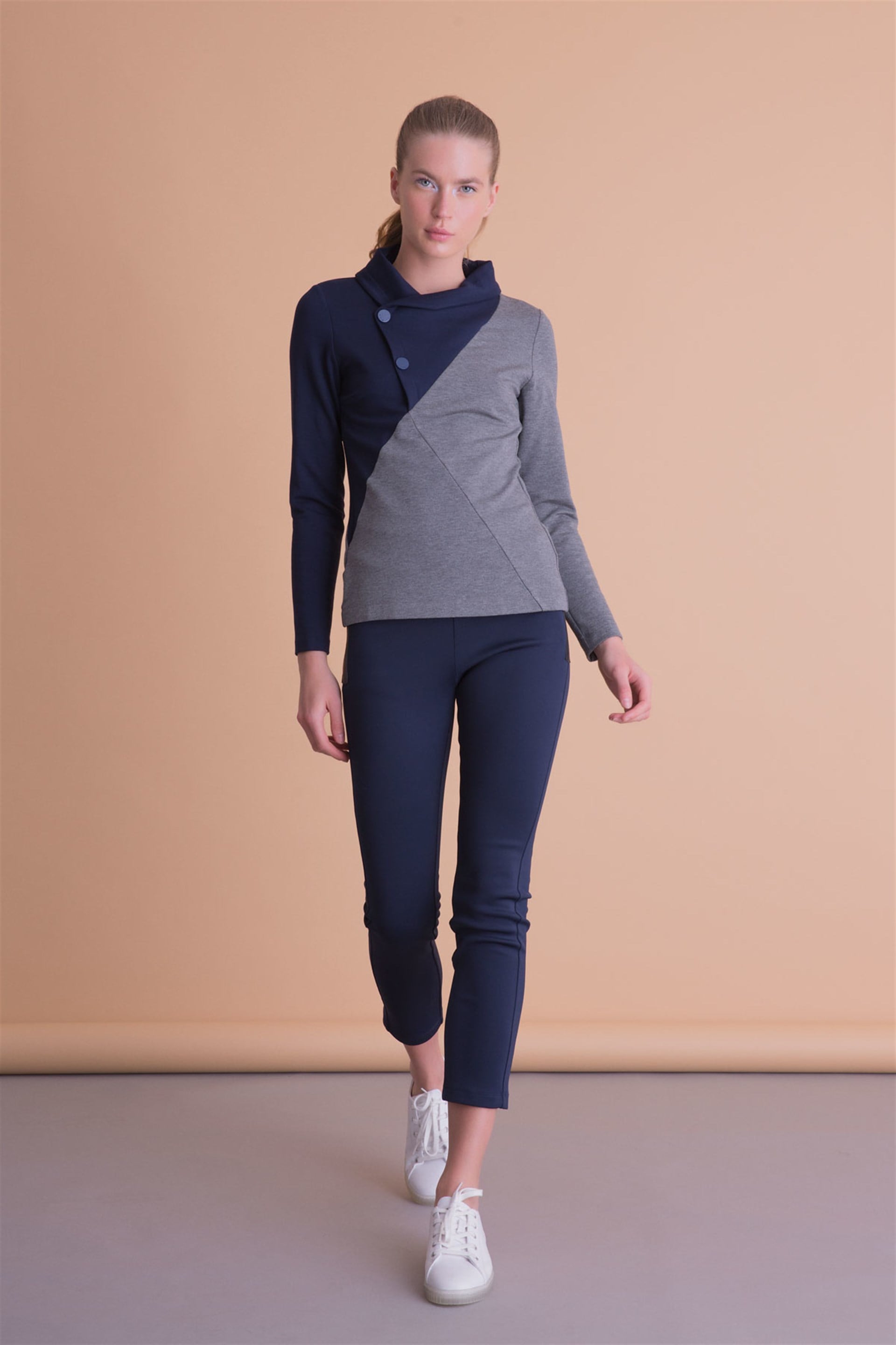 Navy Blue Gray Sport Blouse With Snap Closure