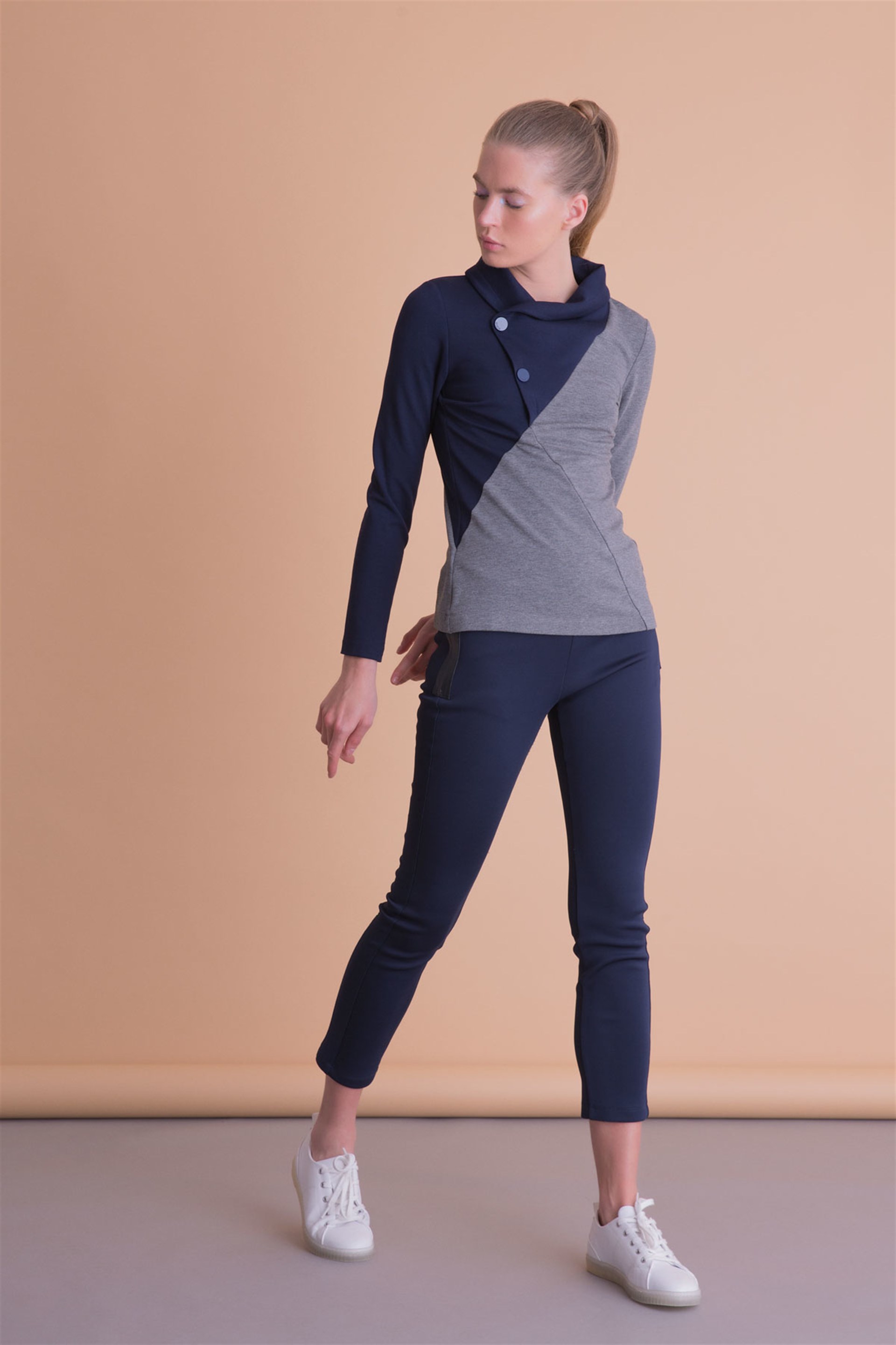 Navy Blue Gray Sport Blouse With Snap Closure