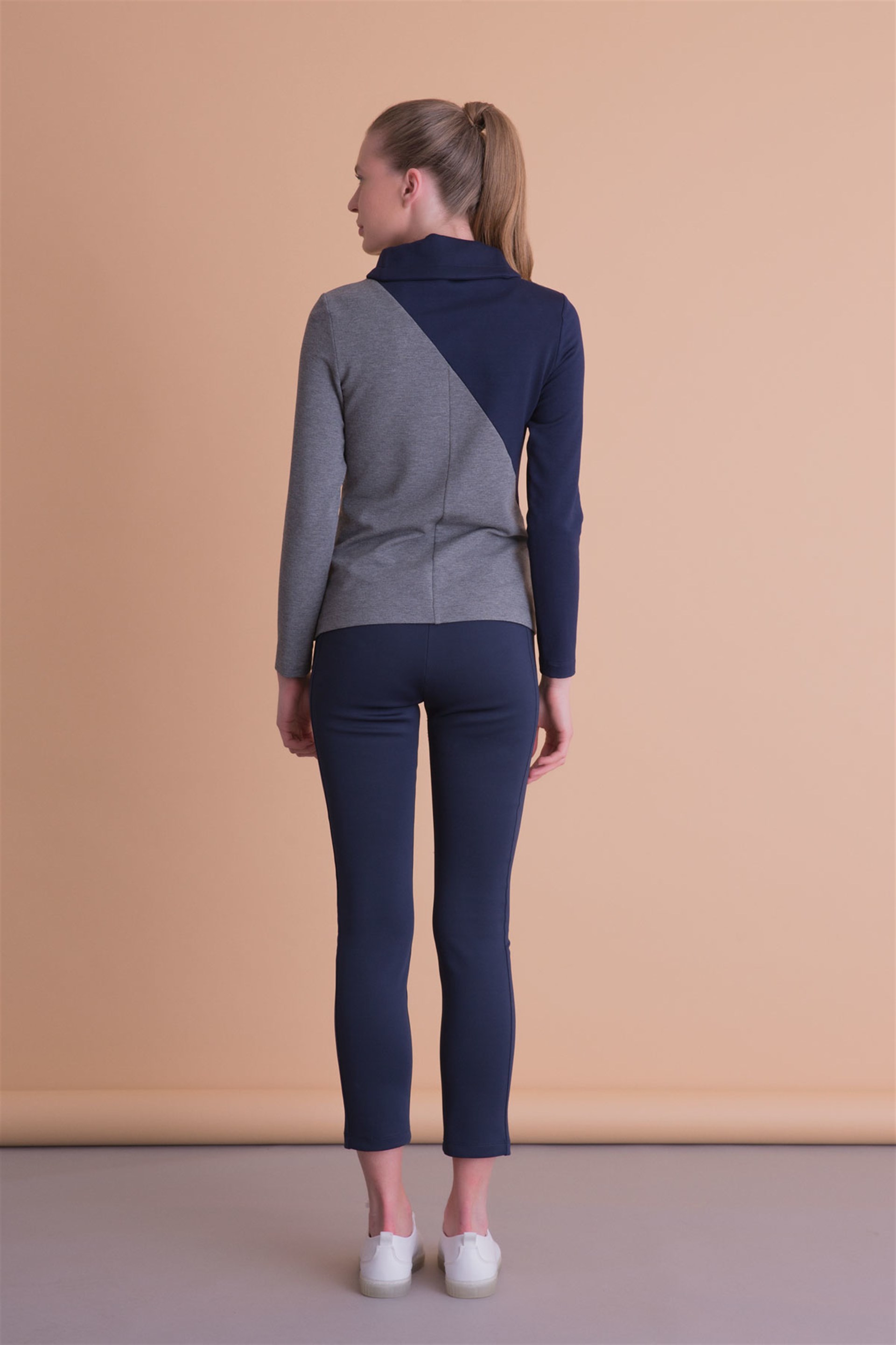 Navy Blue Gray Sport Blouse With Snap Closure
