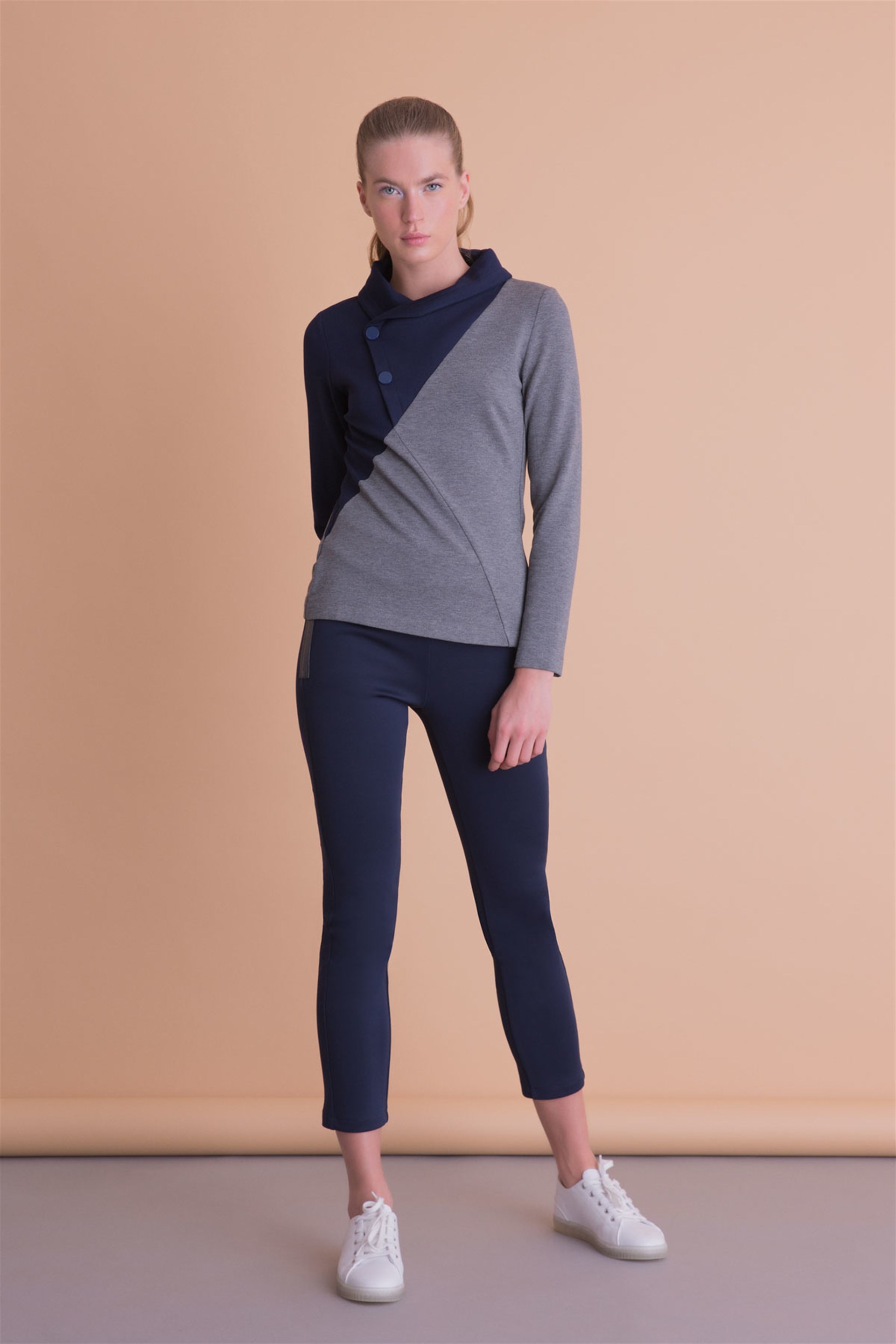Navy Blue Gray Sport Blouse With Snap Closure