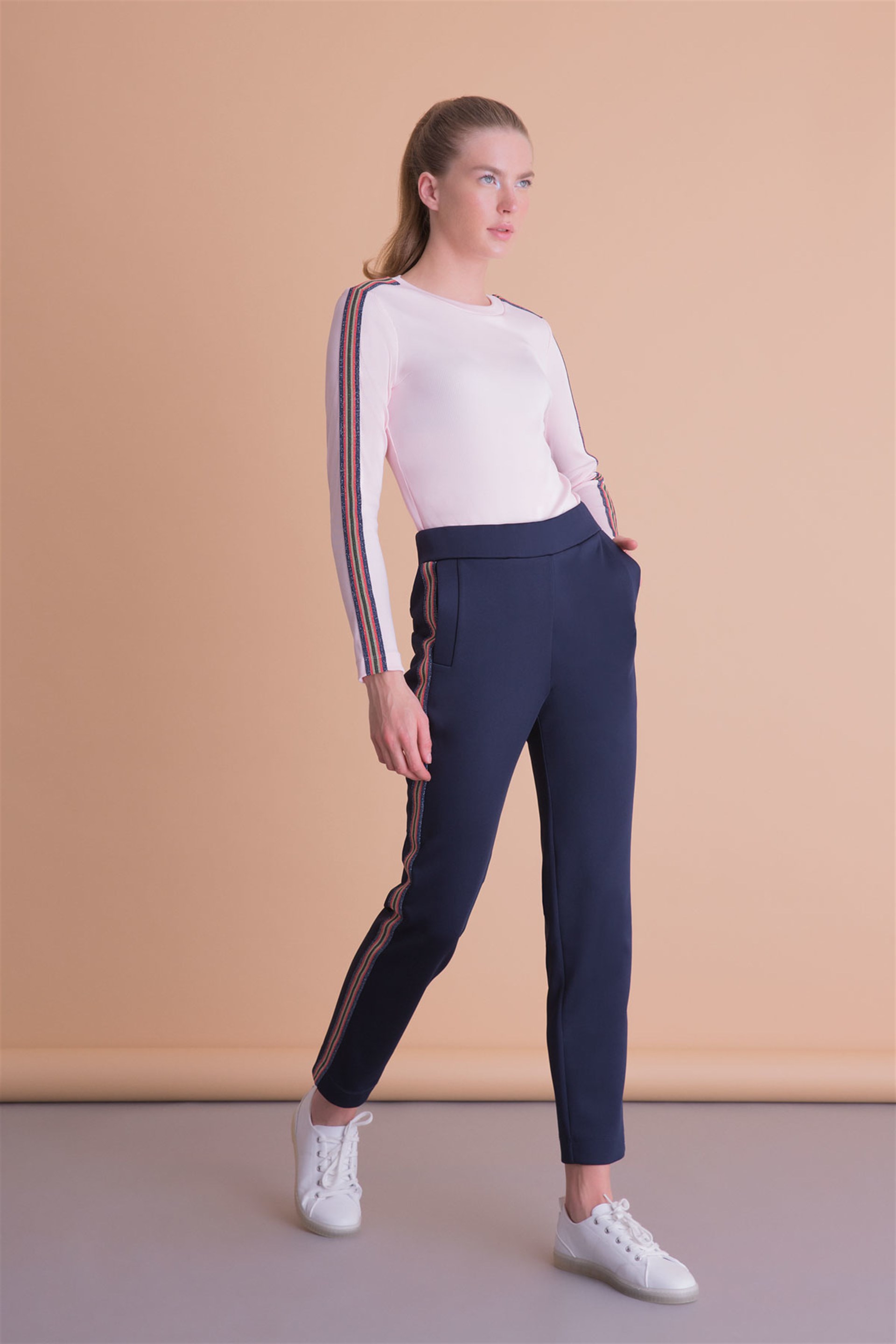 Stripe Detailed Powder Color Long Sleeve Blouse
