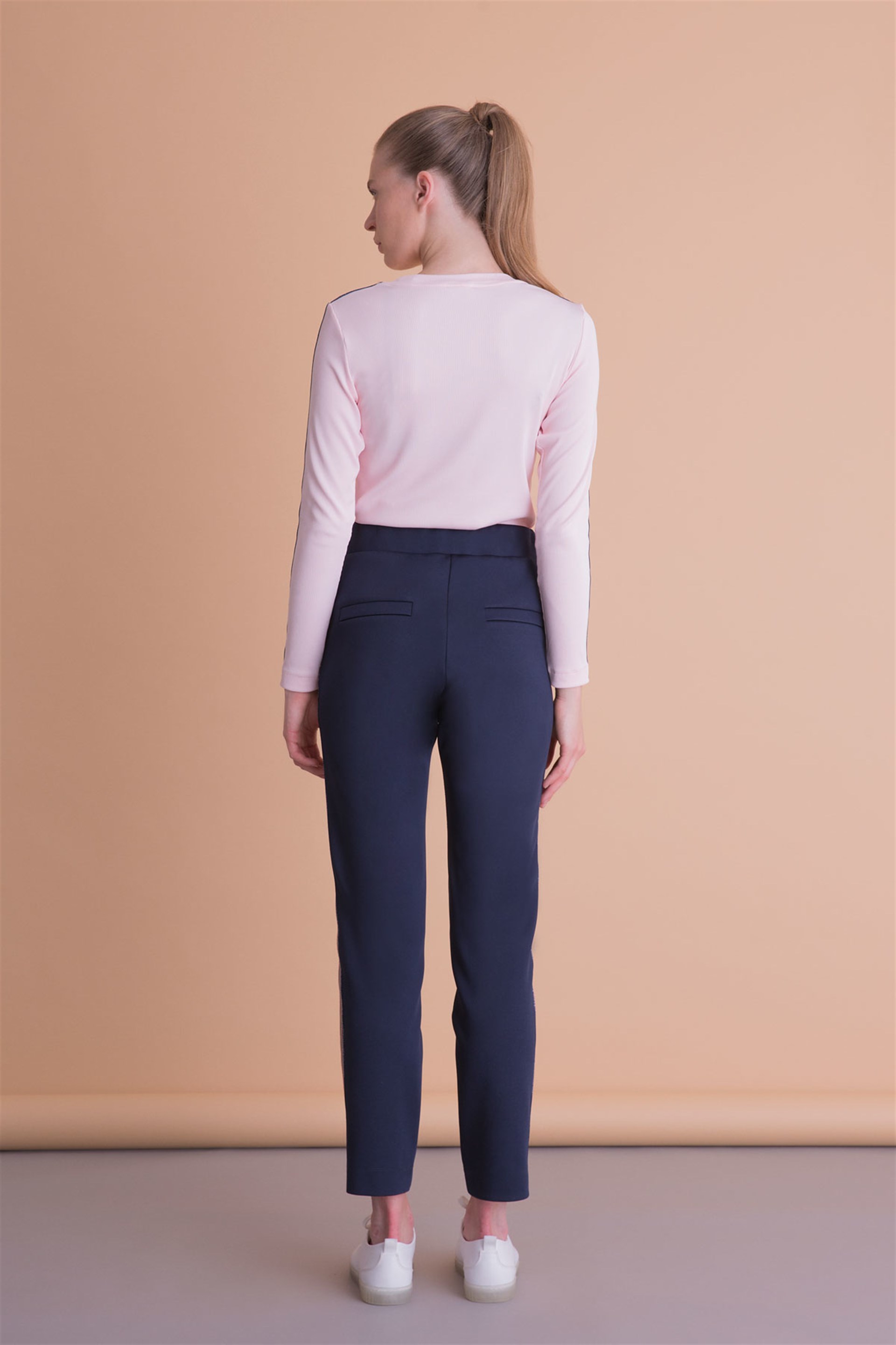Stripe Detailed Powder Color Long Sleeve Blouse