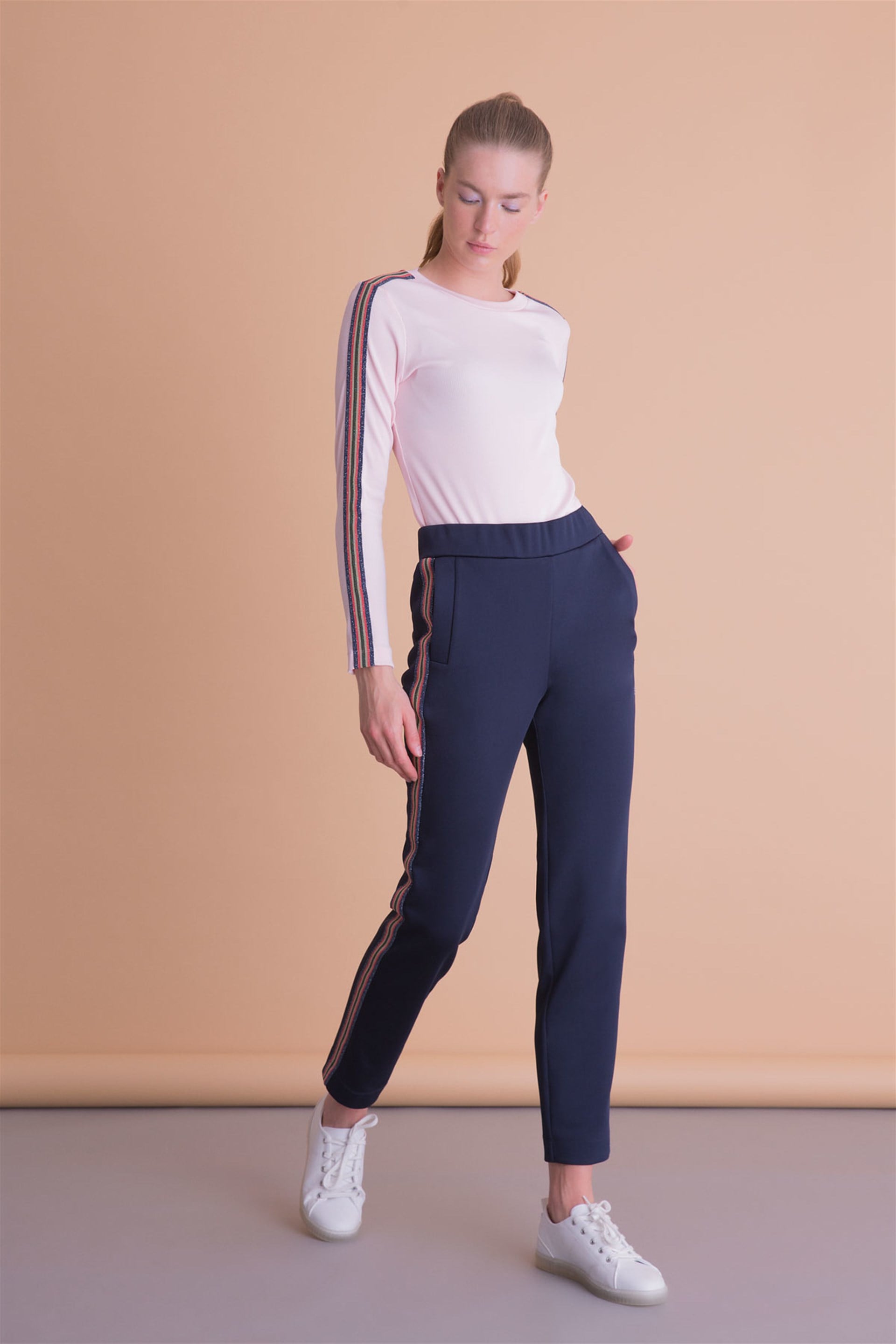 Stripe Detailed Powder Color Long Sleeve Blouse