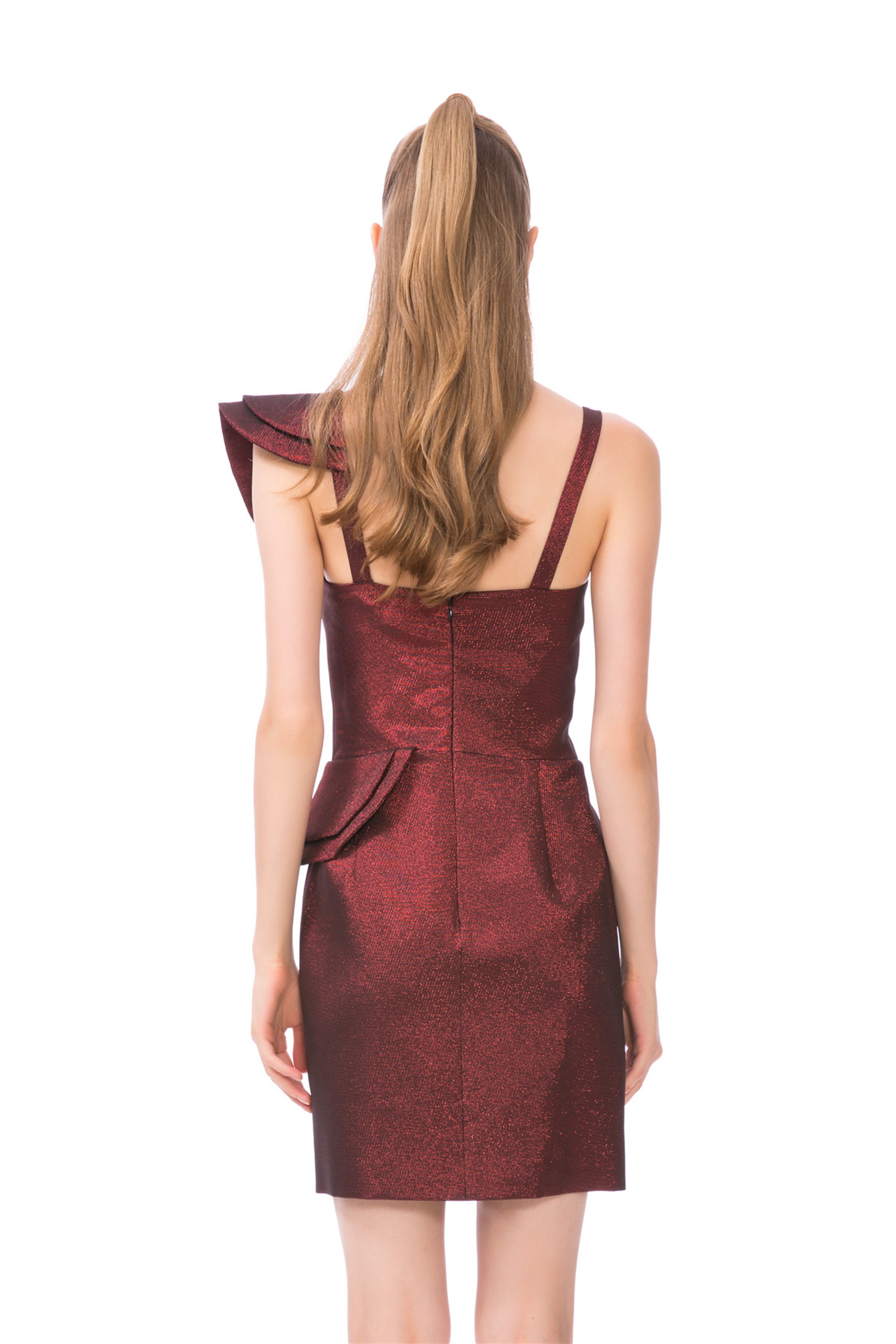 One Shoulder Ruffle Claret Red Mini Dress